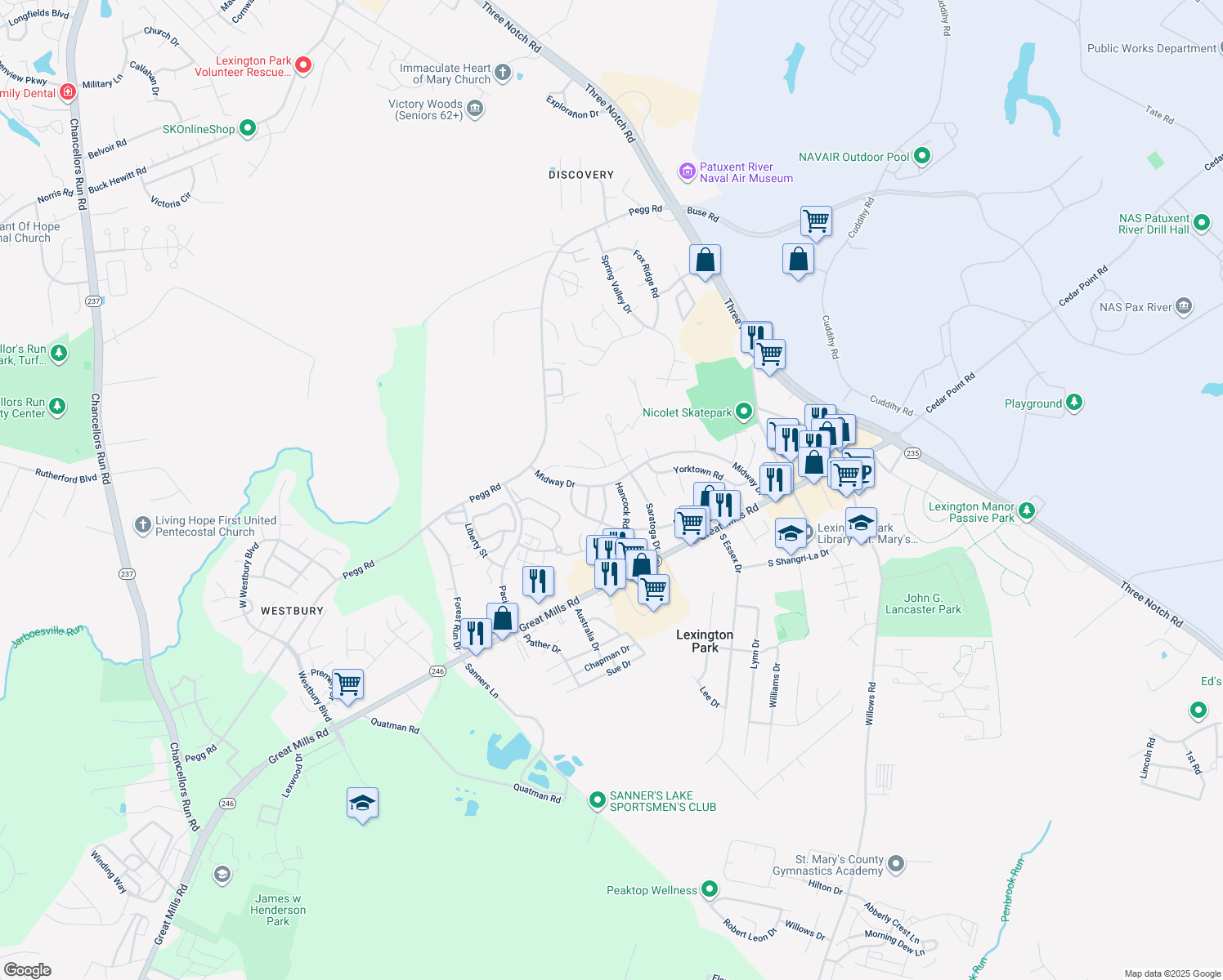 map of restaurants, bars, coffee shops, grocery stores, and more near 46489 Midway Drive in Lexington Park
