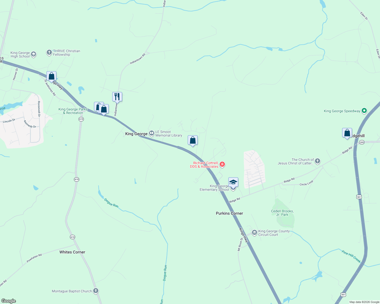 map of restaurants, bars, coffee shops, grocery stores, and more near 10045 Kings Highway in King George