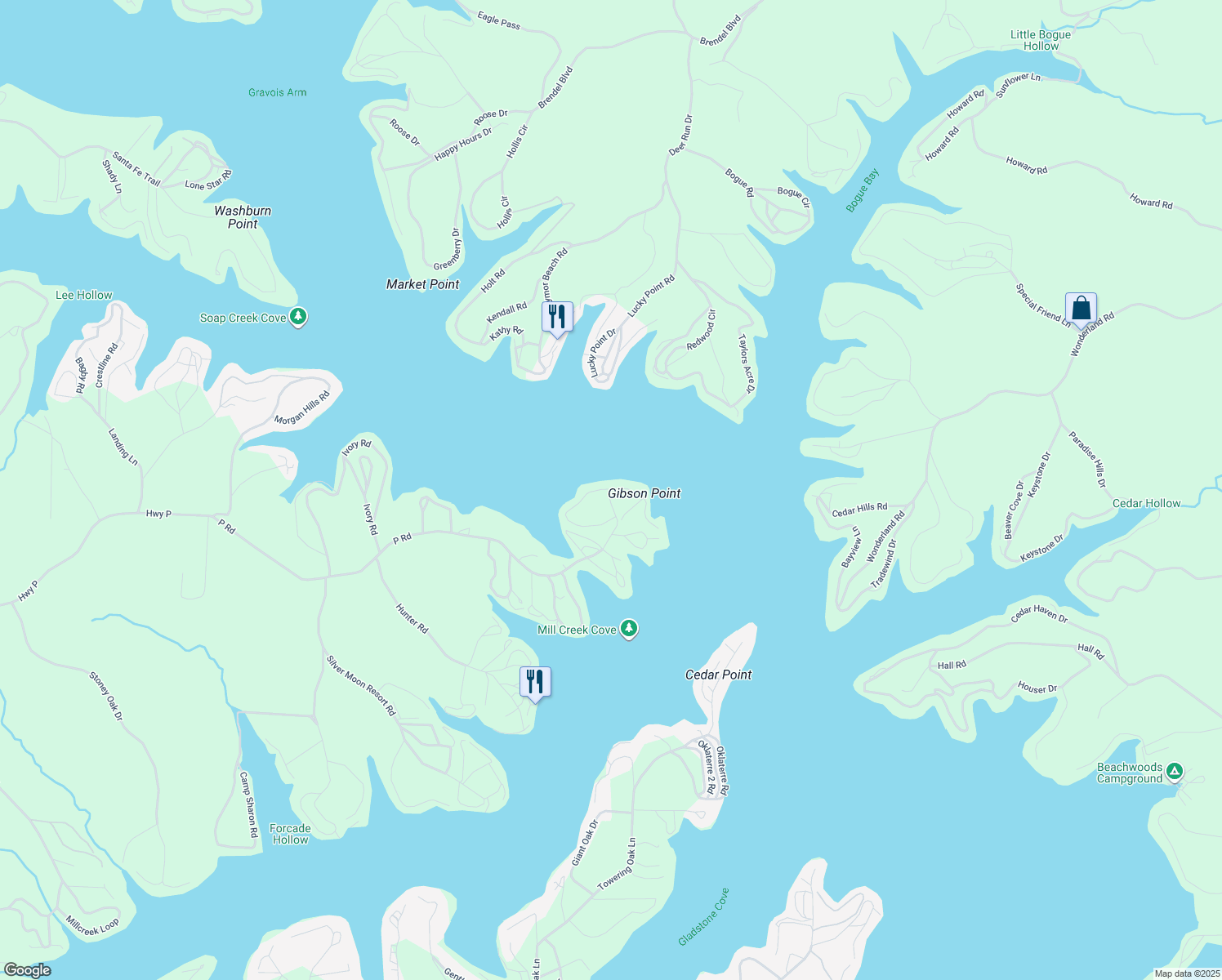 map of restaurants, bars, coffee shops, grocery stores, and more near 29051 E Gibson Point in Gravois Mills