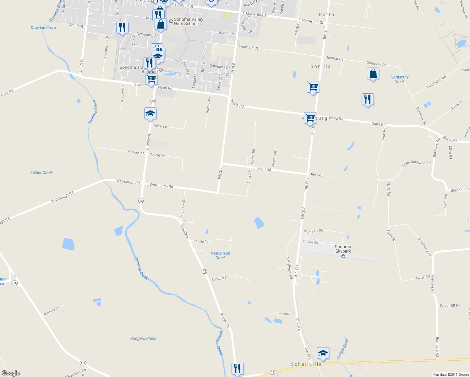 map of restaurants, bars, coffee shops, grocery stores, and more near 570 E Watmaugh Rd in Sonoma