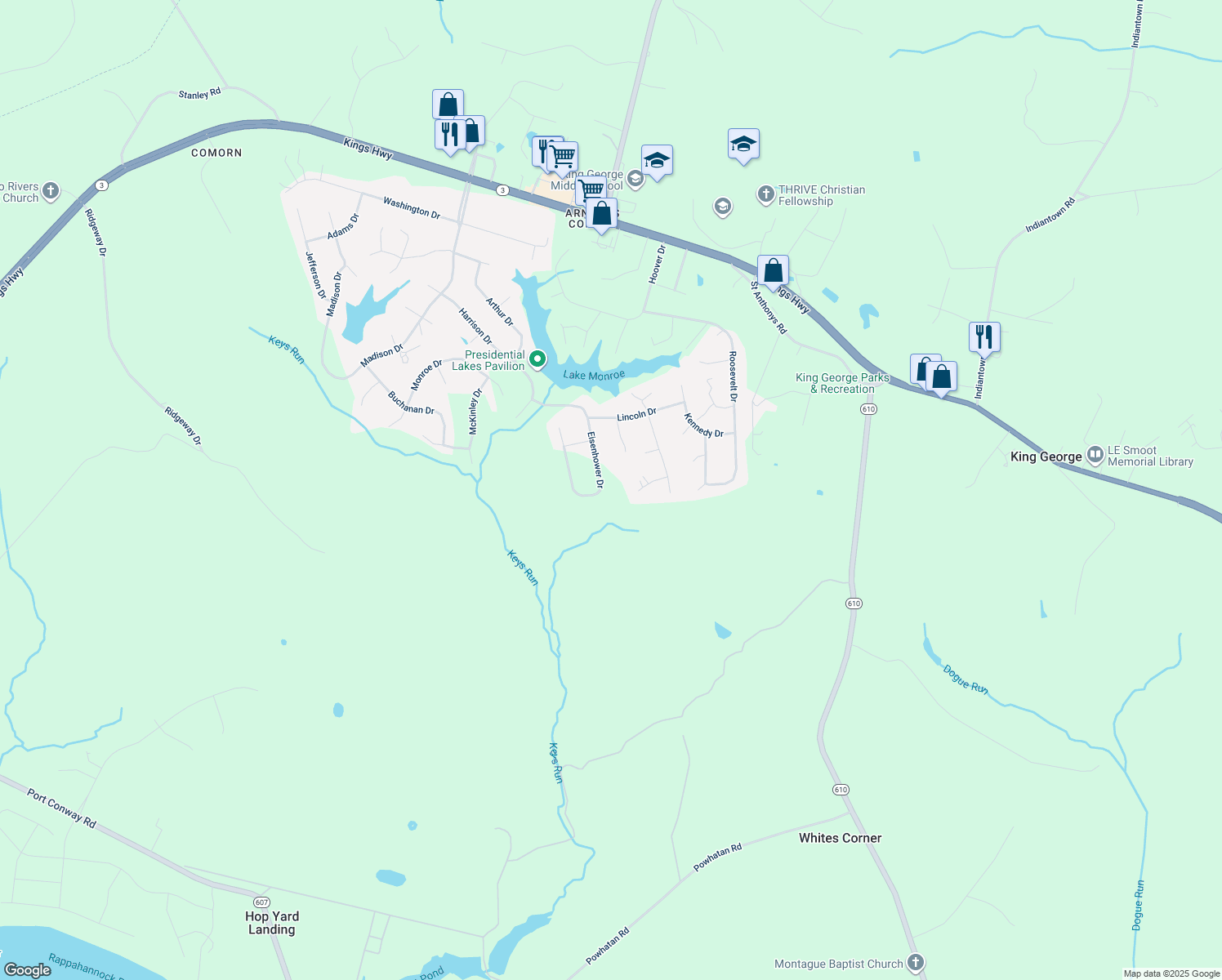 map of restaurants, bars, coffee shops, grocery stores, and more near 10515 Eisenhower Drive in King George