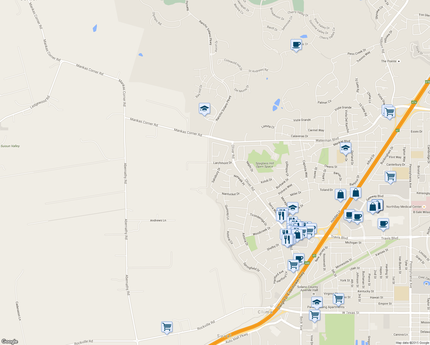 map of restaurants, bars, coffee shops, grocery stores, and more near 1855 Salisbury Drive in Fairfield