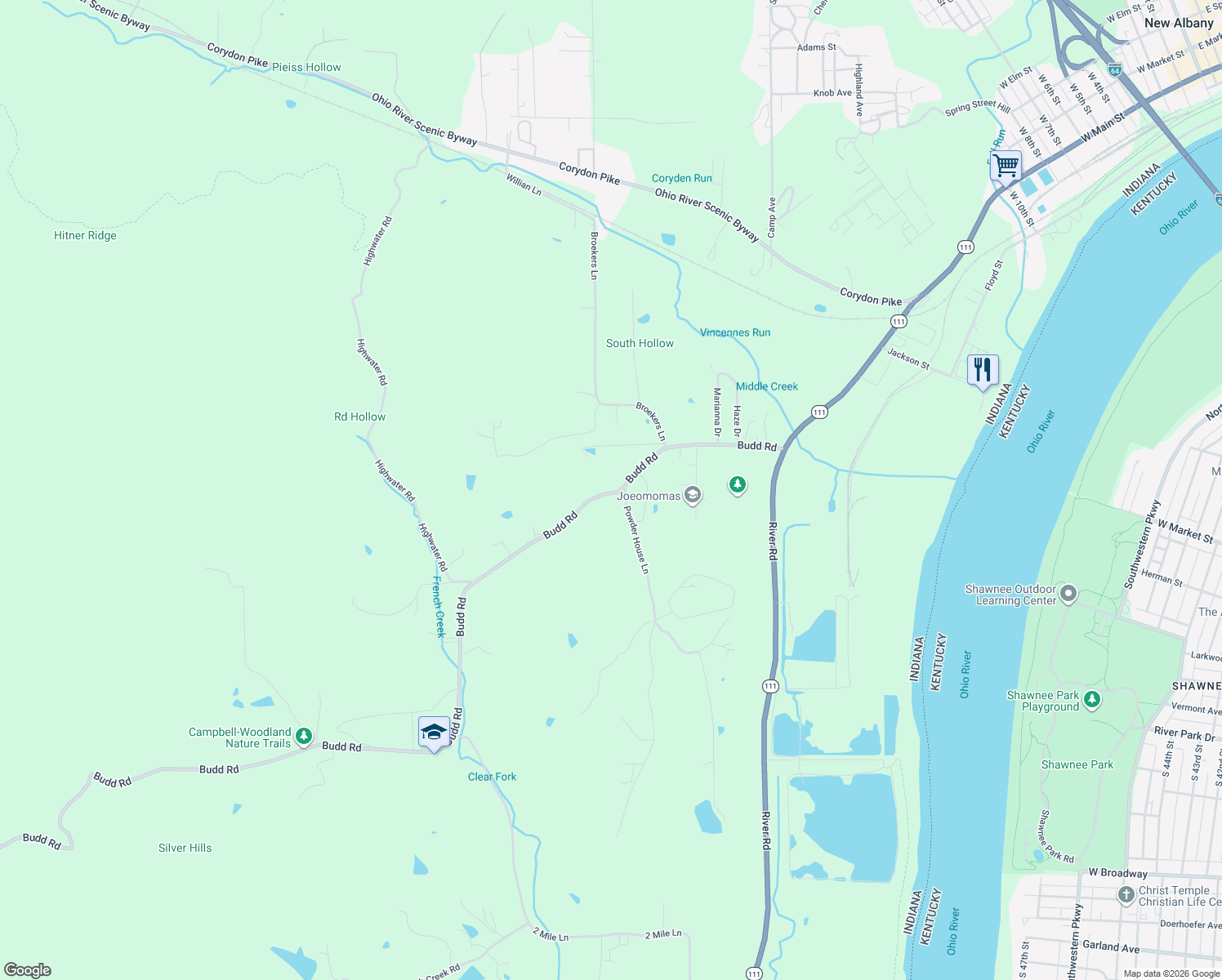 map of restaurants, bars, coffee shops, grocery stores, and more near 2250 Budd Road in New Albany