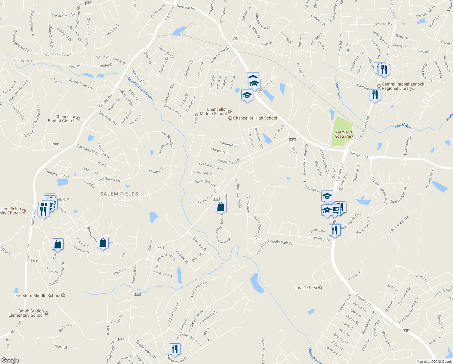 map of restaurants, bars, coffee shops, grocery stores, and more near 6324 Forest Grove Drive in Fredericksburg