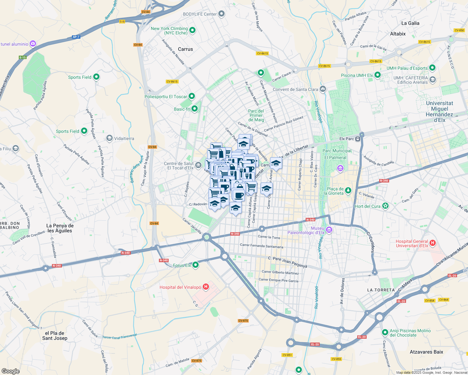 map of restaurants, bars, coffee shops, grocery stores, and more near 73 Carrer Josep Bernad Amorós in Elx