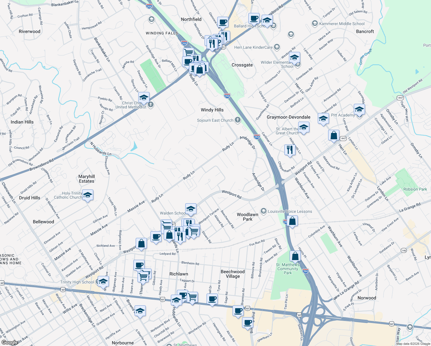 map of restaurants, bars, coffee shops, grocery stores, and more near 4405 Jonlyn Court in Louisville