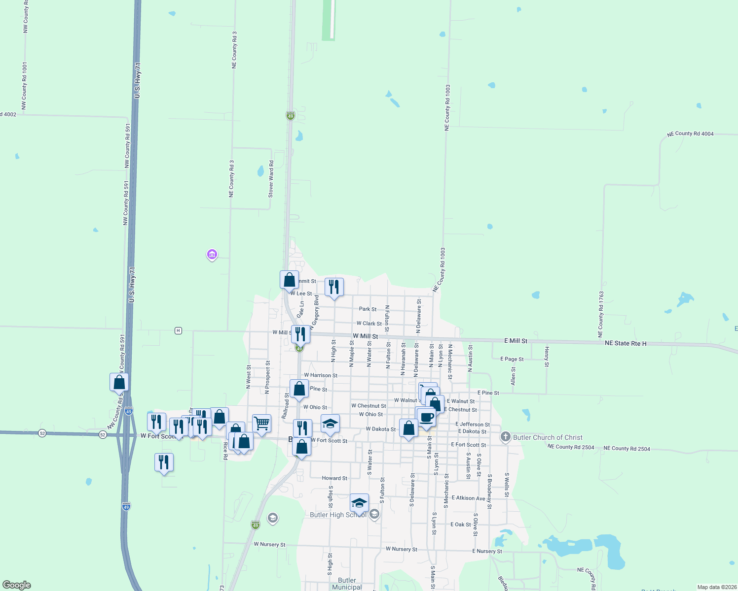 map of restaurants, bars, coffee shops, grocery stores, and more near 407 West Lee Street in Butler