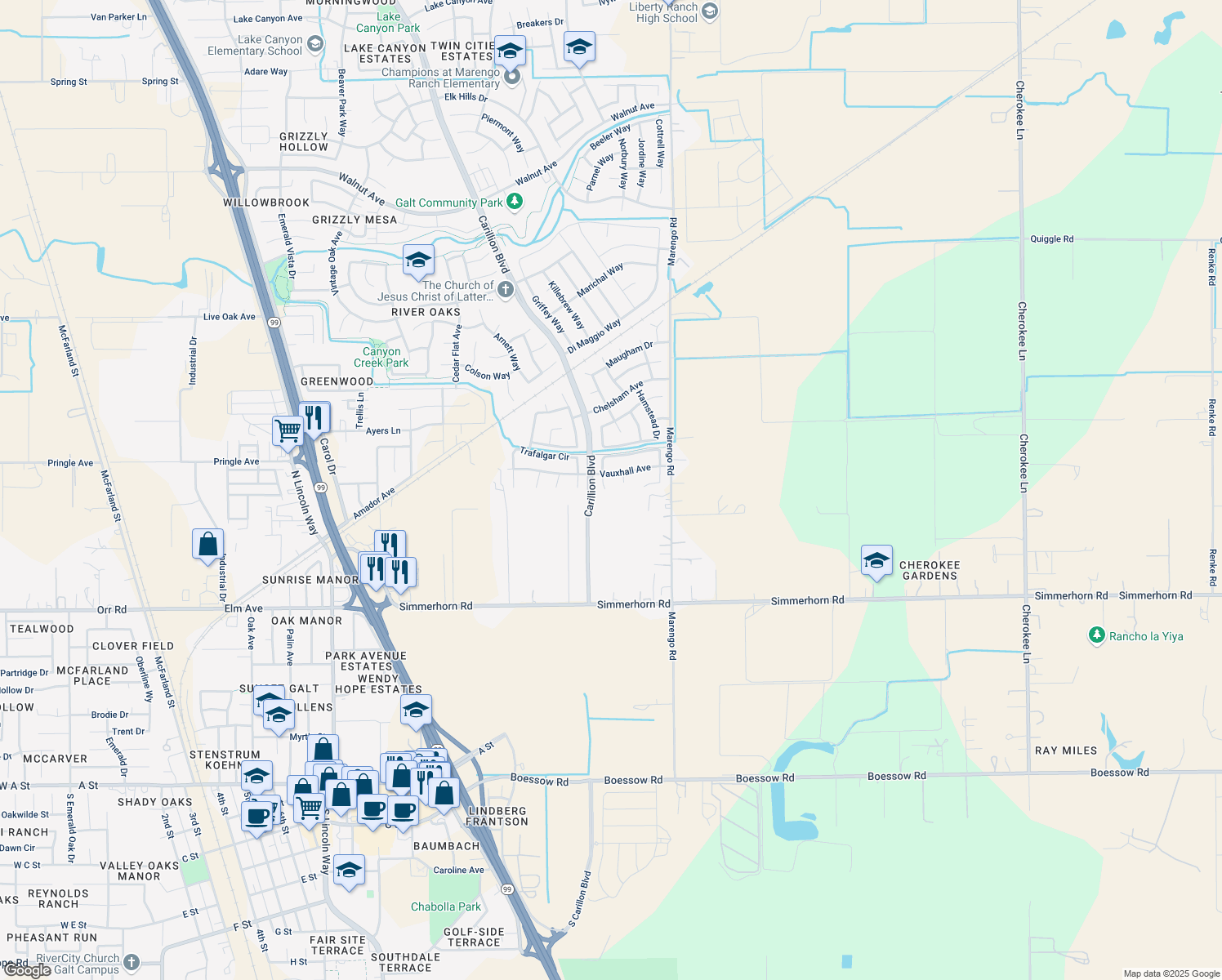 map of restaurants, bars, coffee shops, grocery stores, and more near 543 La Quita Court in Galt