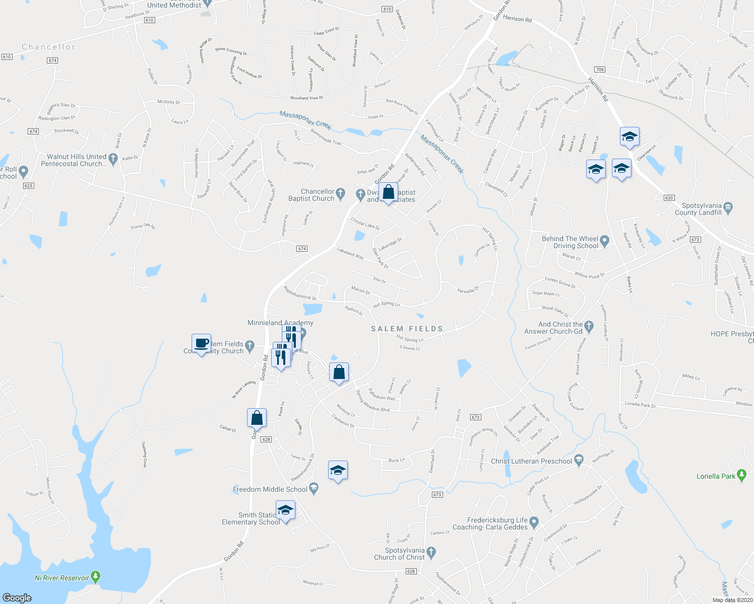 map of restaurants, bars, coffee shops, grocery stores, and more near 11200 Macon Drive in Fredericksburg