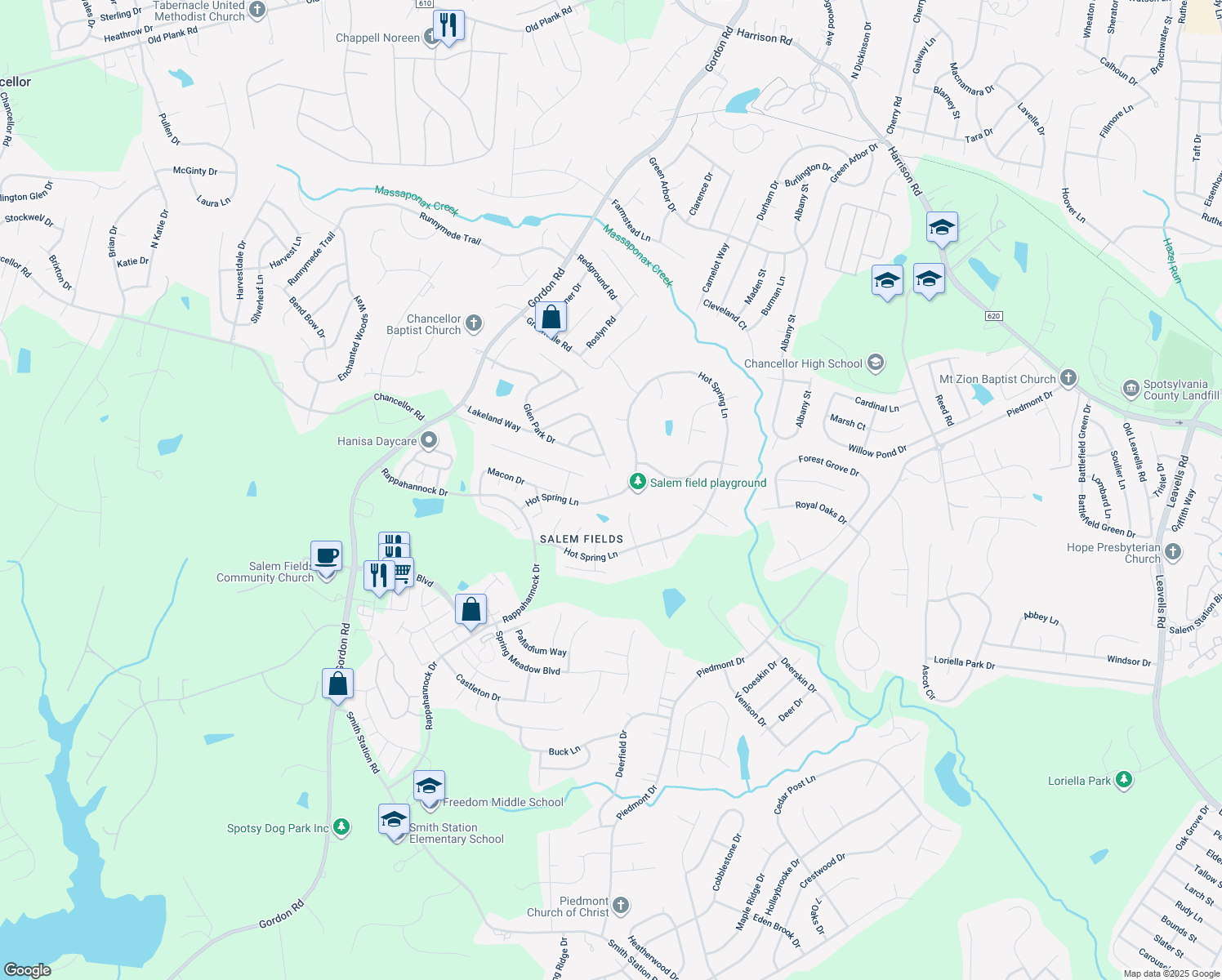 map of restaurants, bars, coffee shops, grocery stores, and more near 11201 Hollins Court in Fredericksburg