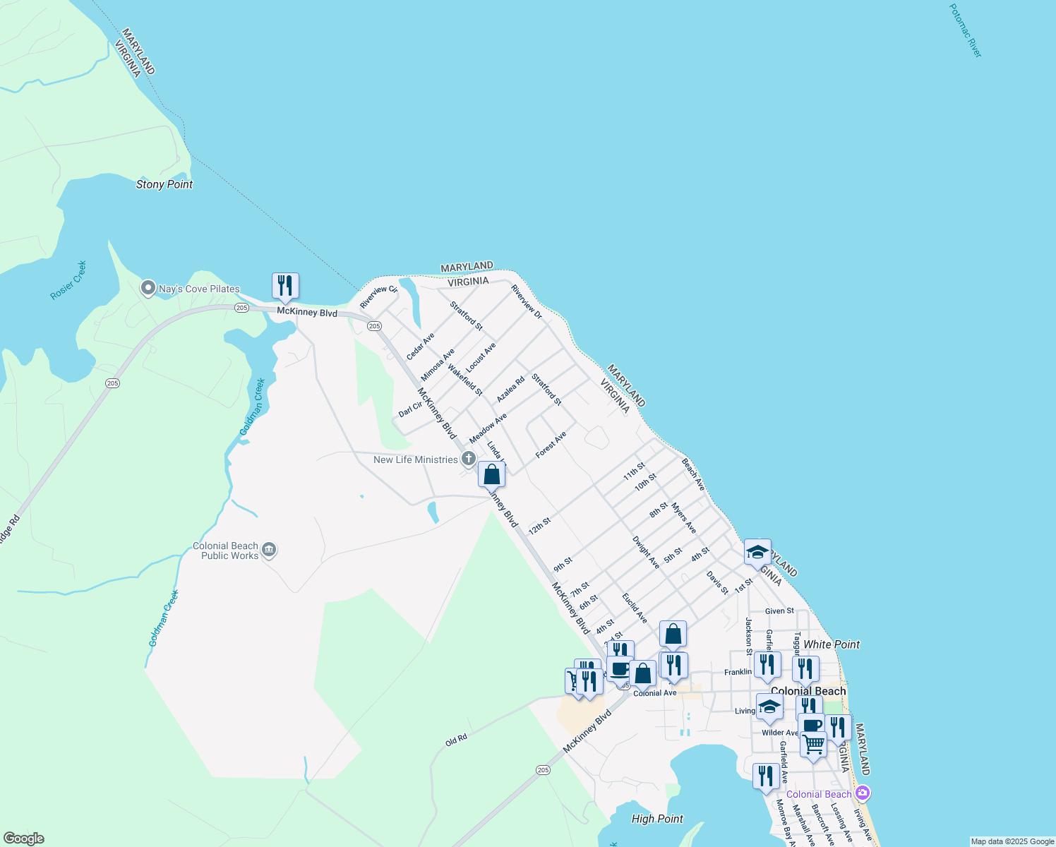 map of restaurants, bars, coffee shops, grocery stores, and more near 235 Dogwood Avenue in Colonial Beach