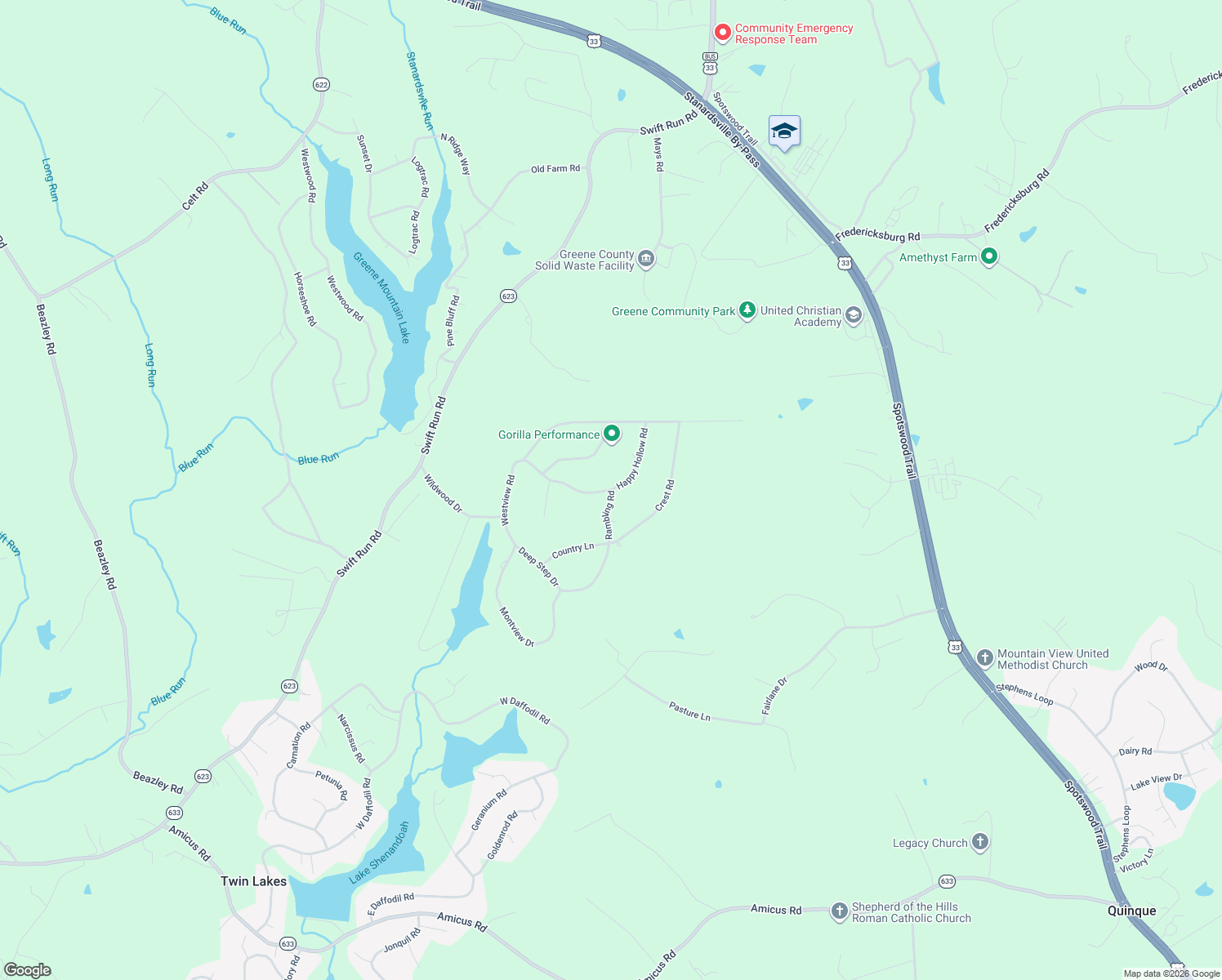 map of restaurants, bars, coffee shops, grocery stores, and more near 289 Rambling Road in Ruckersville