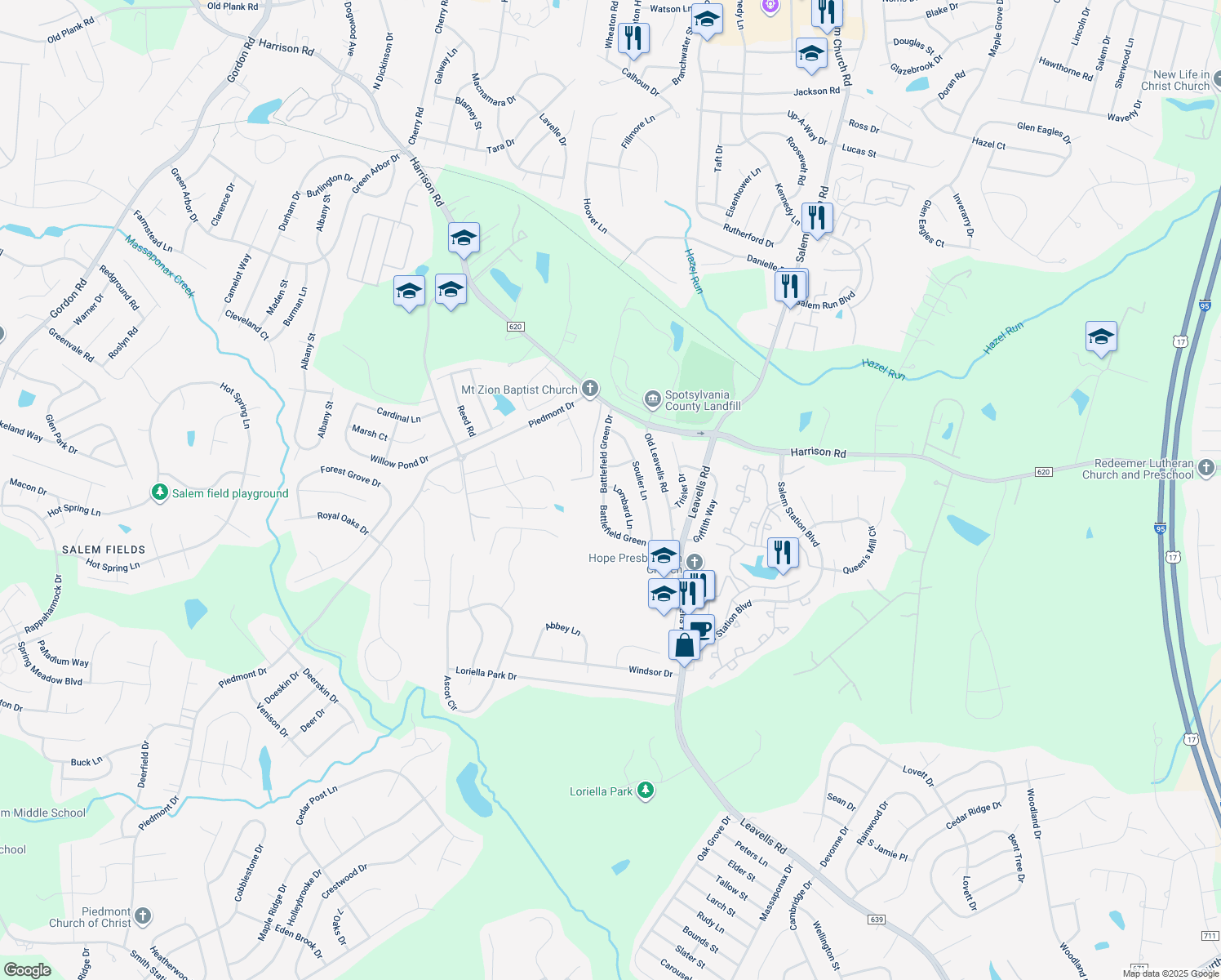 map of restaurants, bars, coffee shops, grocery stores, and more near 7022 Lombard Ln in Fredericksburg