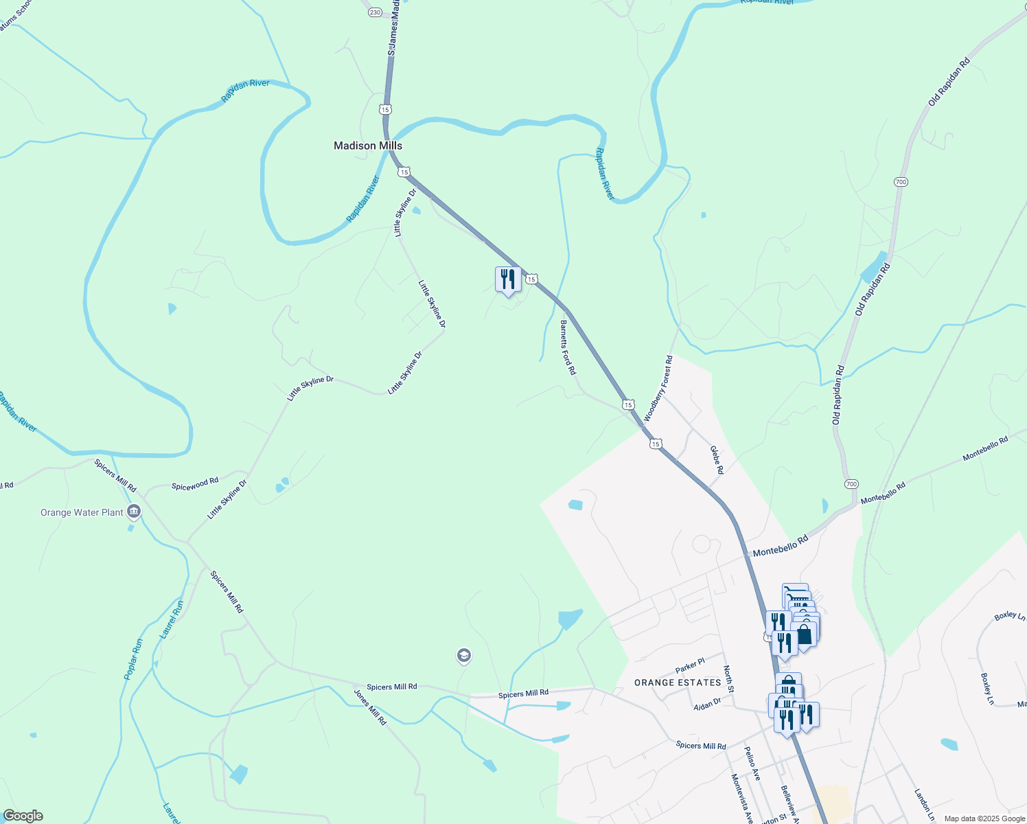 map of restaurants, bars, coffee shops, grocery stores, and more near 10070 Barnetts Ford Road in Orange