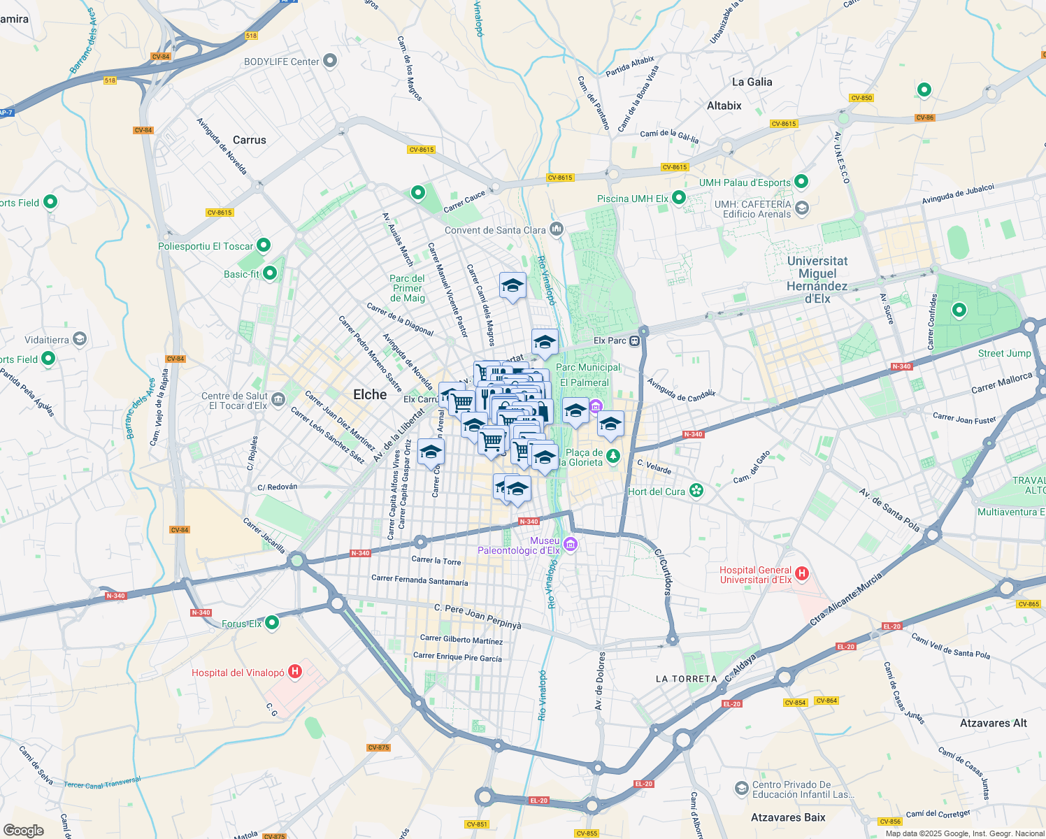 map of restaurants, bars, coffee shops, grocery stores, and more near 22 Carrer Vicente Blasco Ibáñez in Elx