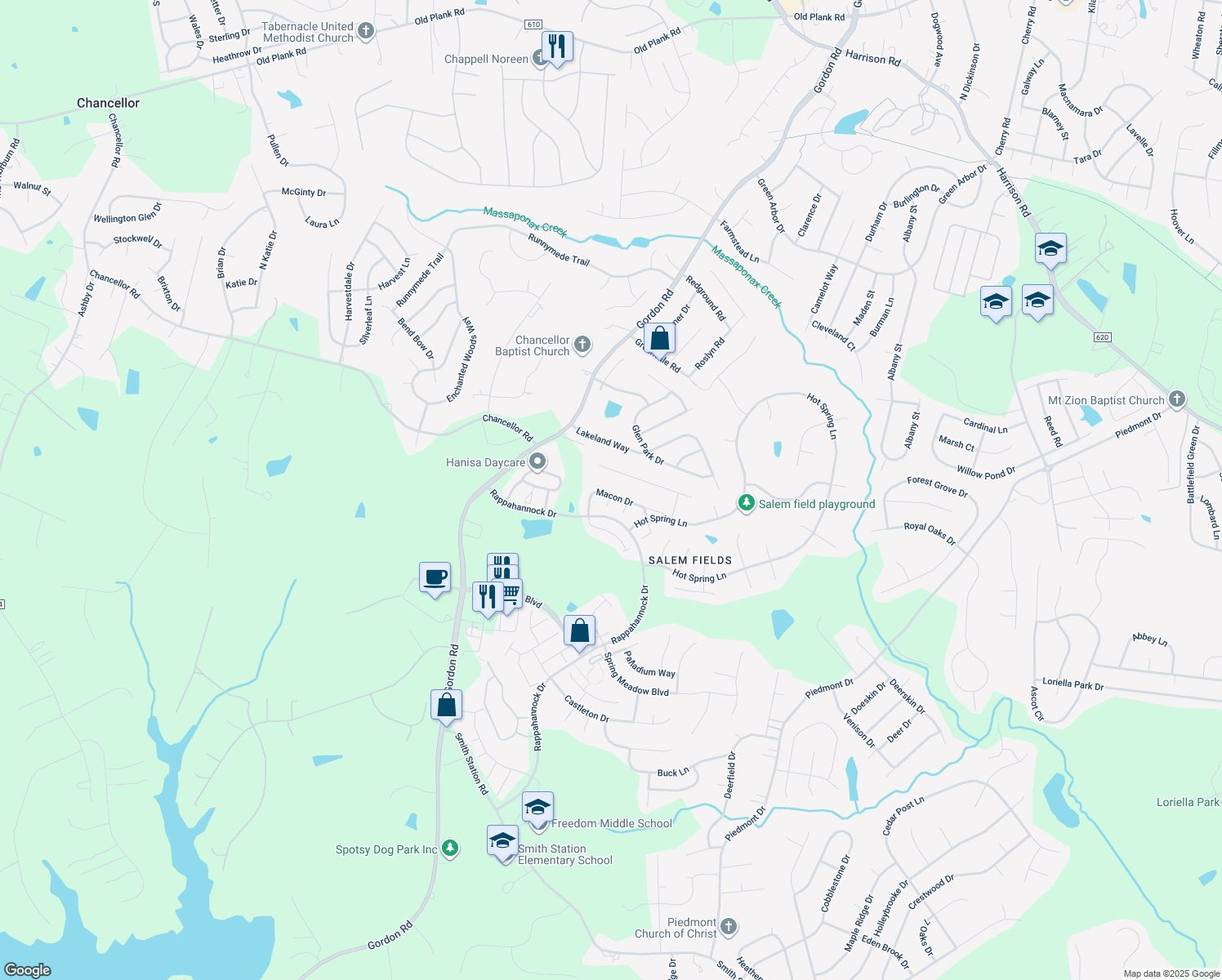 map of restaurants, bars, coffee shops, grocery stores, and more near 11313 Macon Drive in Fredericksburg
