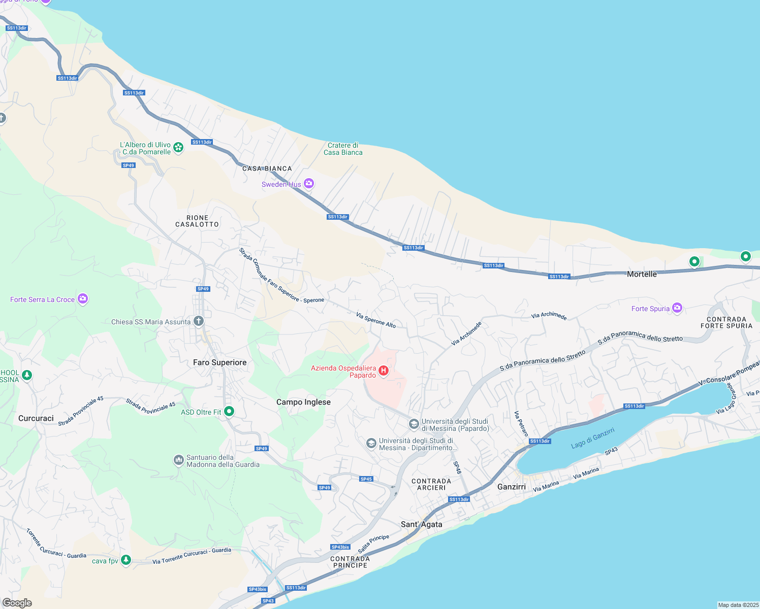 map of restaurants, bars, coffee shops, grocery stores, and more near Via Santa Caterina in Messina