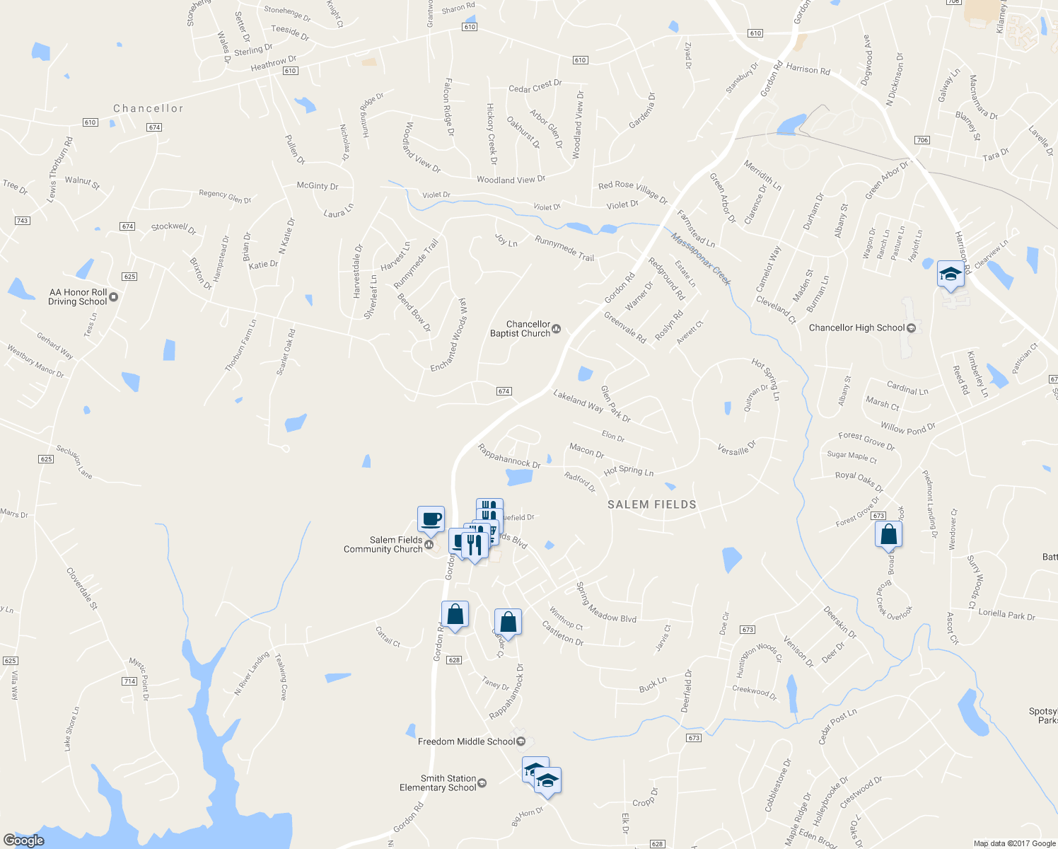 map of restaurants, bars, coffee shops, grocery stores, and more near 7125 Wytheville Circle in Fredericksburg