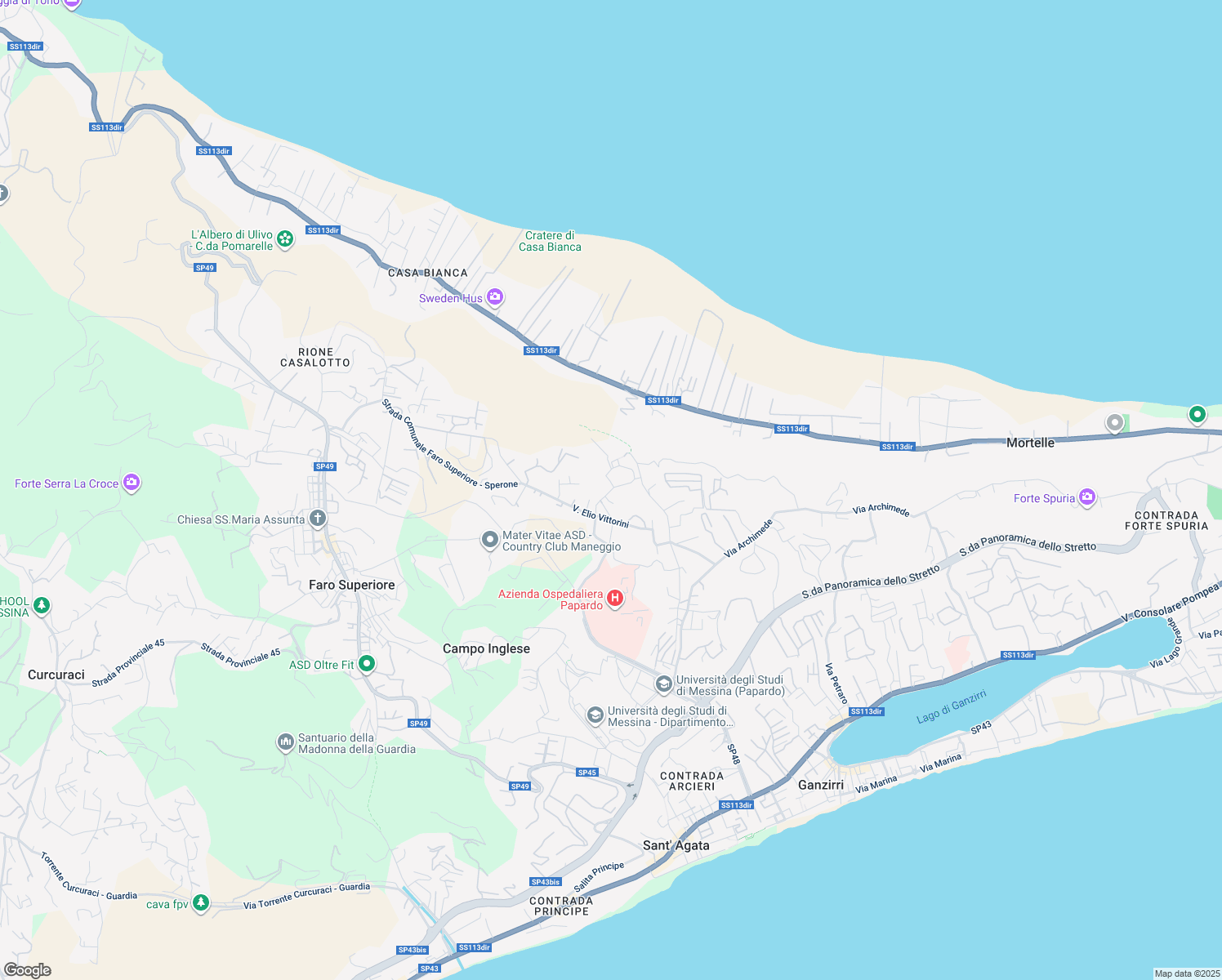 map of restaurants, bars, coffee shops, grocery stores, and more near Via Santa Caterina in Messina
