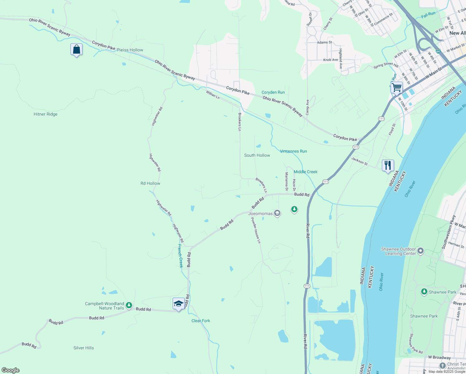 map of restaurants, bars, coffee shops, grocery stores, and more near 350 Chanda Lane in New Albany