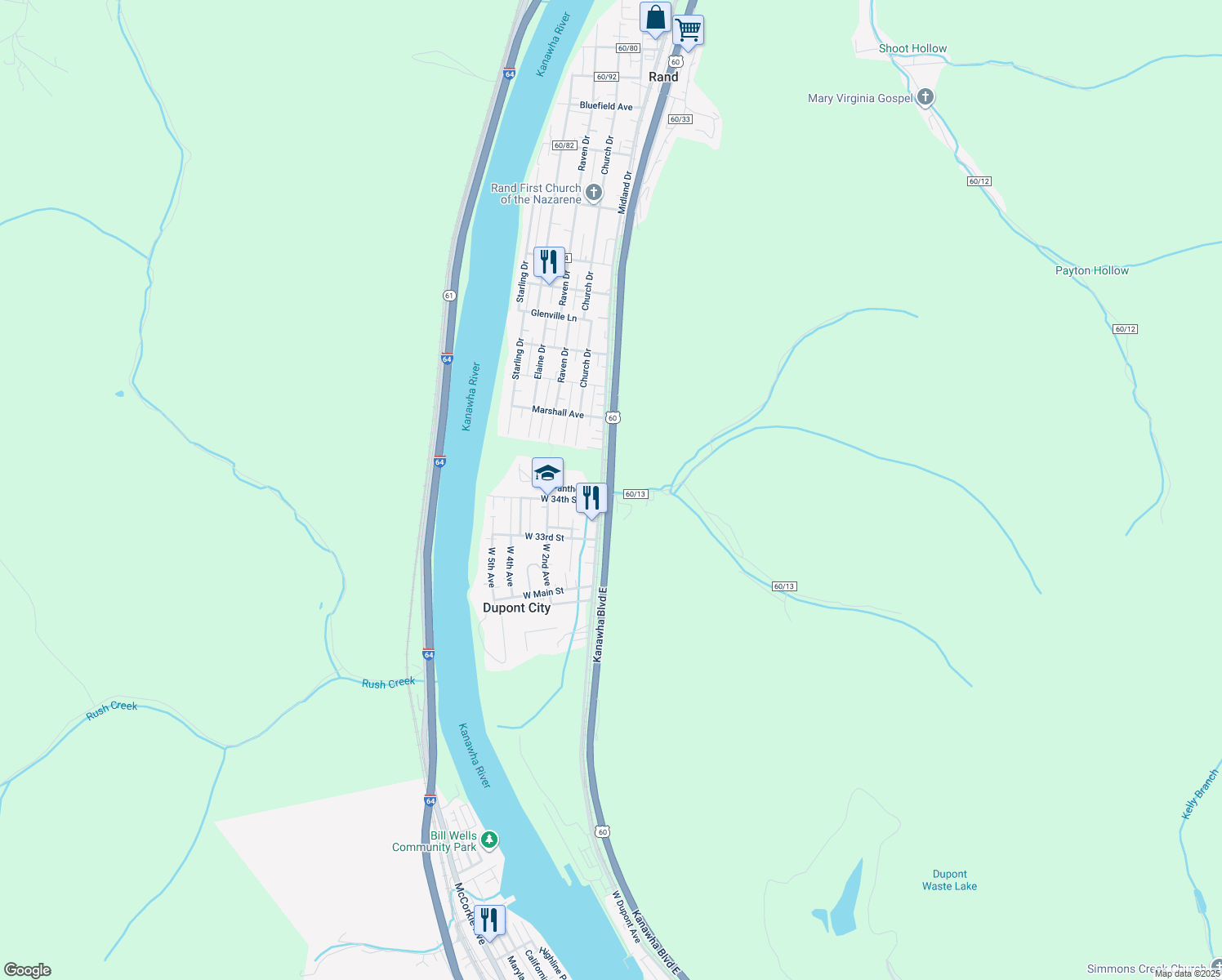 map of restaurants, bars, coffee shops, grocery stores, and more near 5899 Kanawha Boulevard East in Charleston