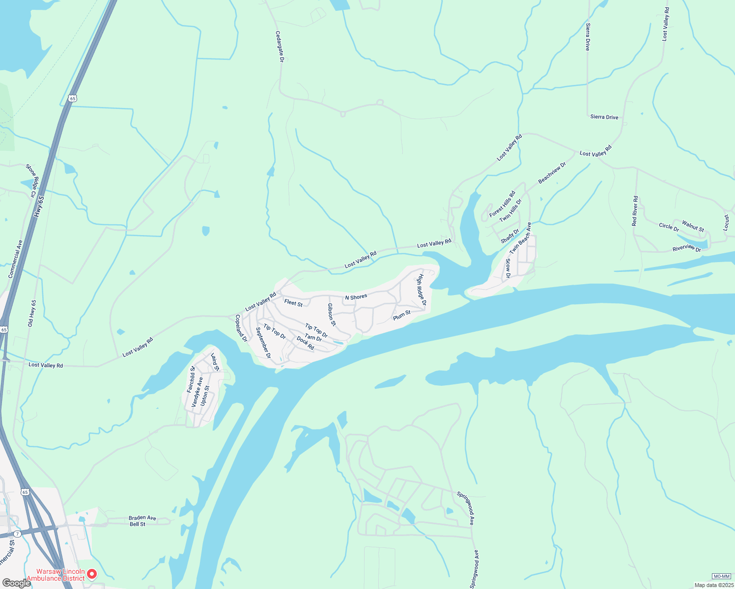 map of restaurants, bars, coffee shops, grocery stores, and more near Lakeview Drive in Warsaw