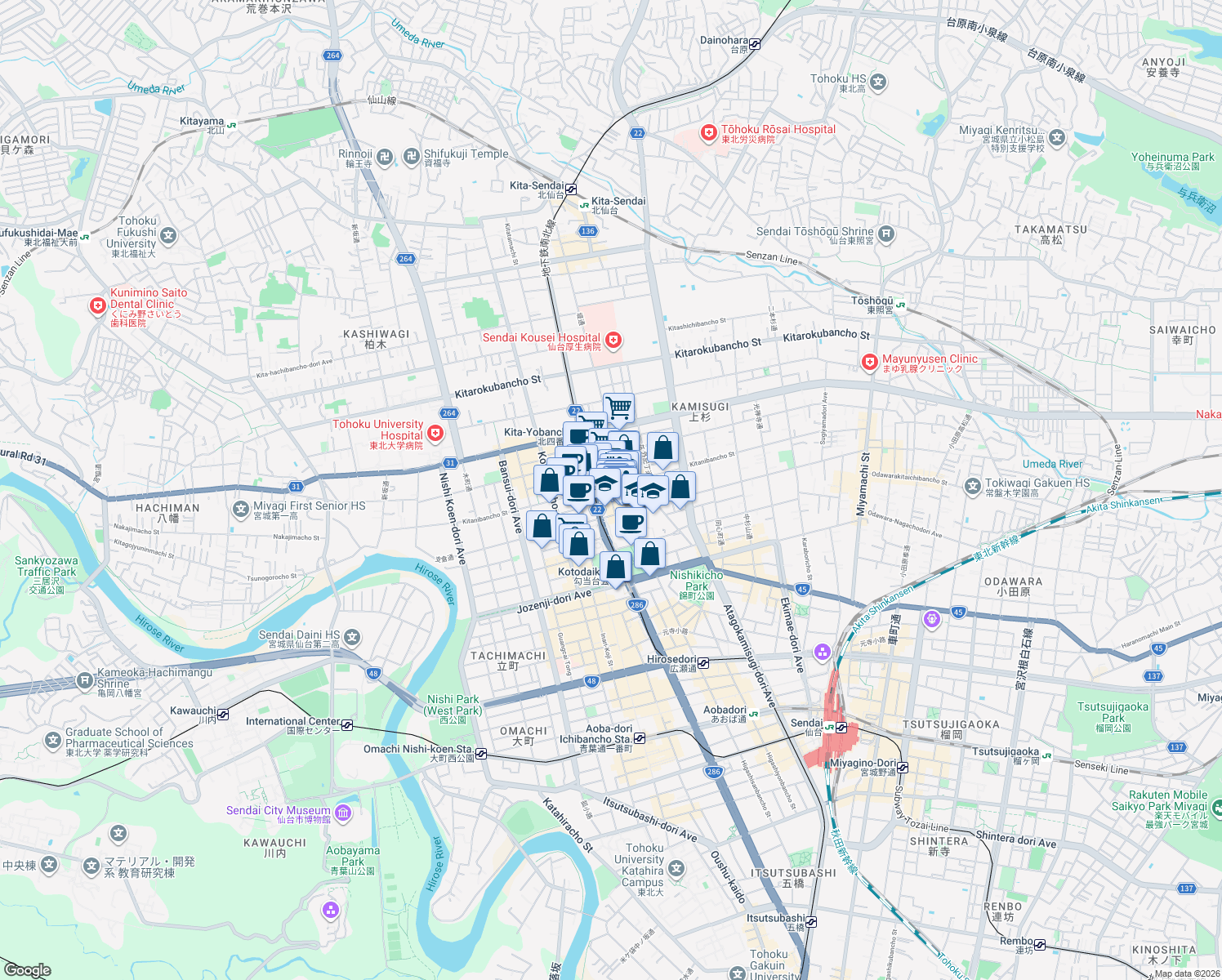 map of restaurants, bars, coffee shops, grocery stores, and more near in Sendai