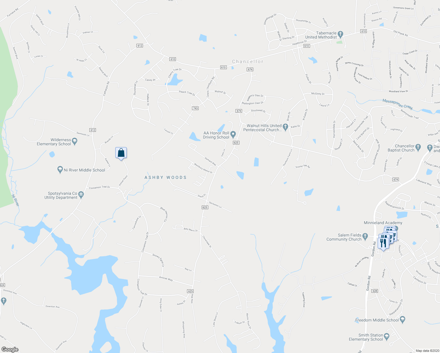 map of restaurants, bars, coffee shops, grocery stores, and more near 11421 Ashby Drive in Fredericksburg