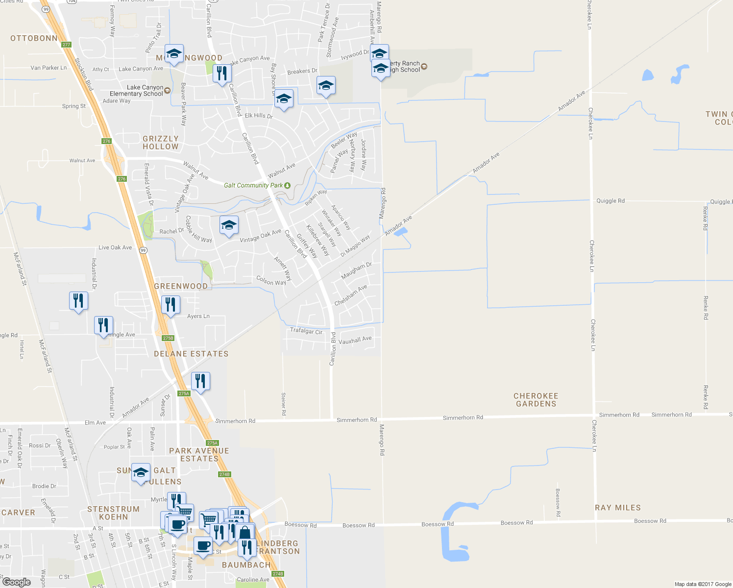 map of restaurants, bars, coffee shops, grocery stores, and more near 1131 McAlta Court in Galt