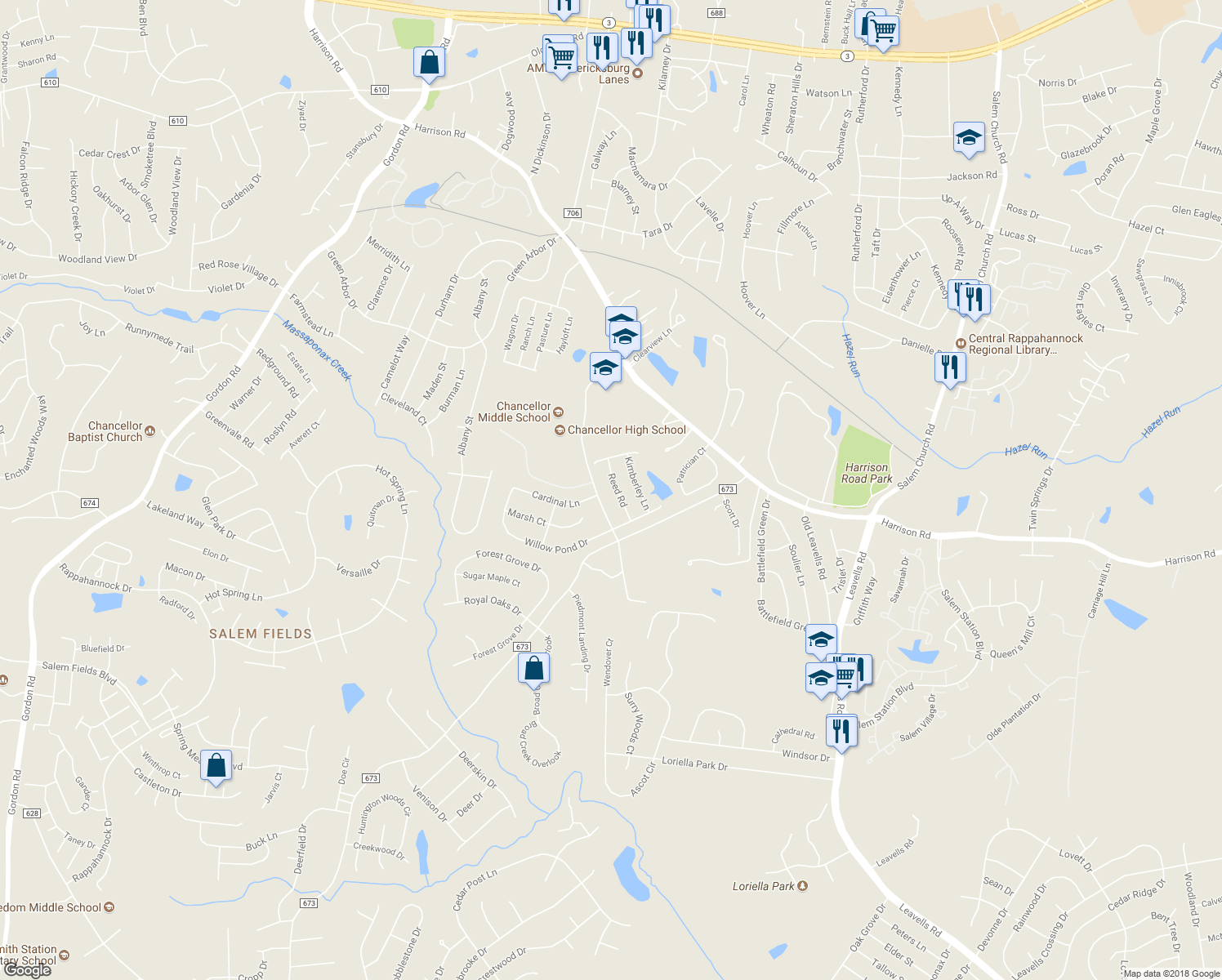 map of restaurants, bars, coffee shops, grocery stores, and more near 11410 Reed Road in Fredericksburg