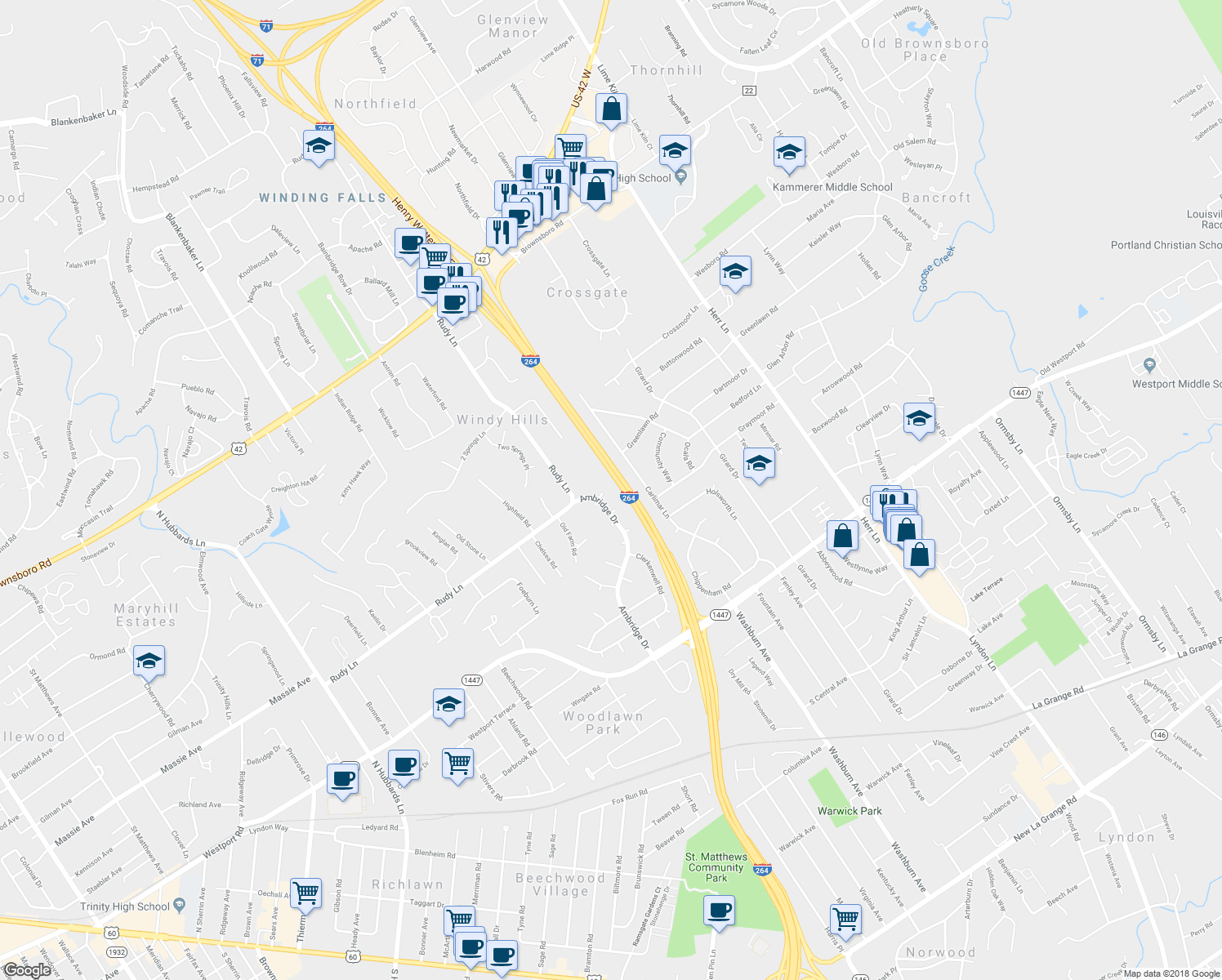 map of restaurants, bars, coffee shops, grocery stores, and more near 6810 Taxham Court in Louisville
