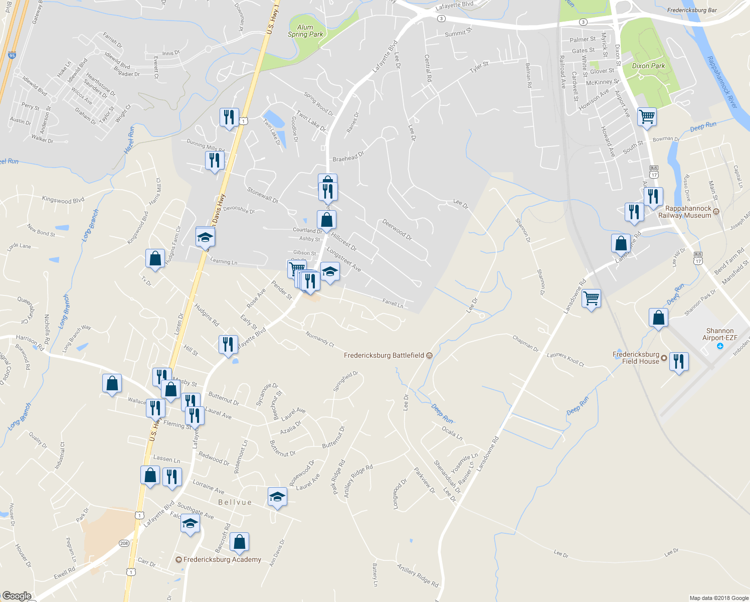 map of restaurants, bars, coffee shops, grocery stores, and more near 181 Farrell Lane in Fredericksburg