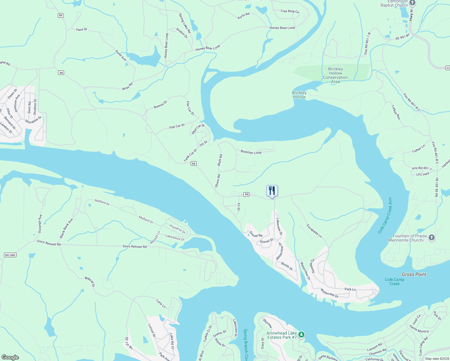 map of restaurants, bars, coffee shops, grocery stores, and more near Shore Road in Warsaw