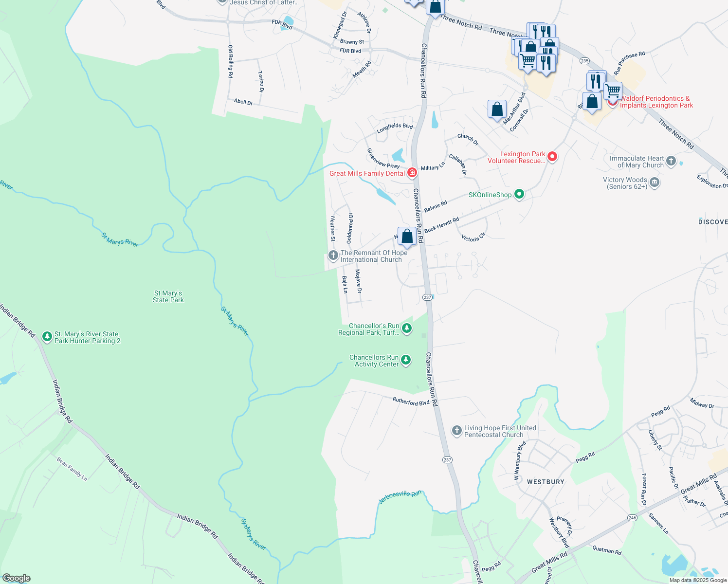 map of restaurants, bars, coffee shops, grocery stores, and more near 22010 Mojave Drive in Great Mills