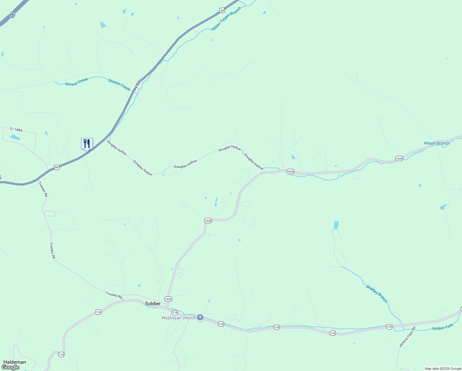 map of restaurants, bars, coffee shops, grocery stores, and more near Dry Branch Road West in Olive Hill