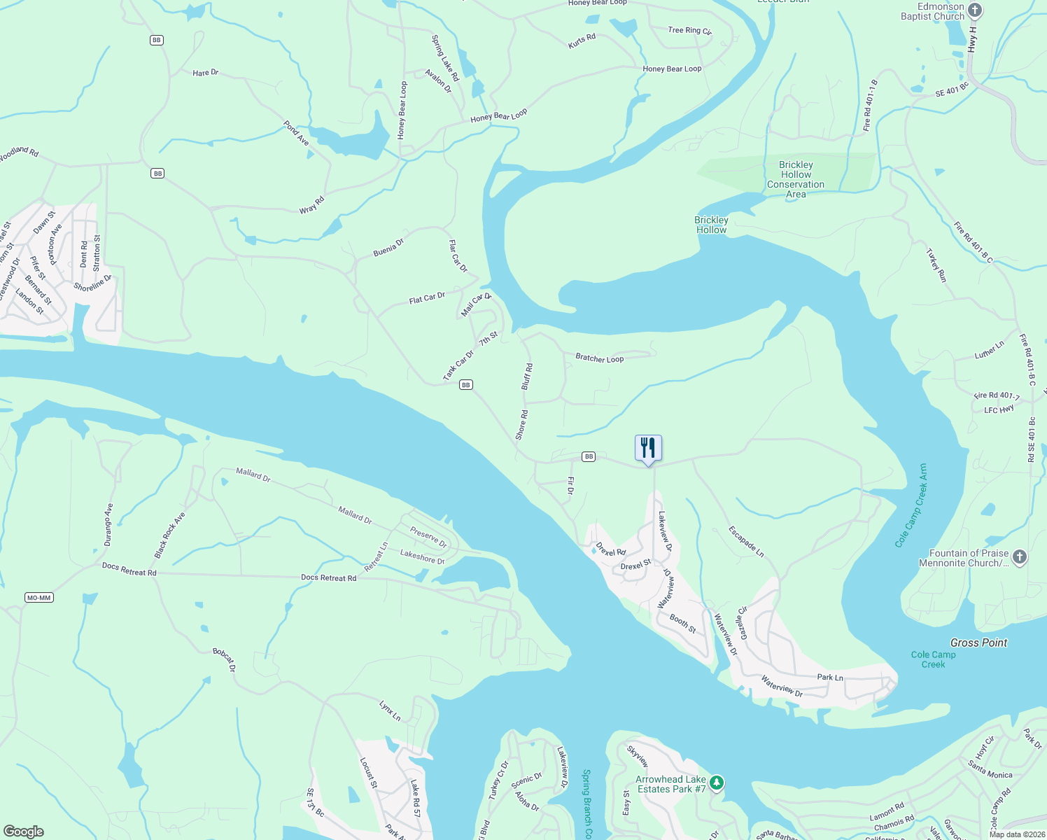 map of restaurants, bars, coffee shops, grocery stores, and more near Shore Road in Warsaw