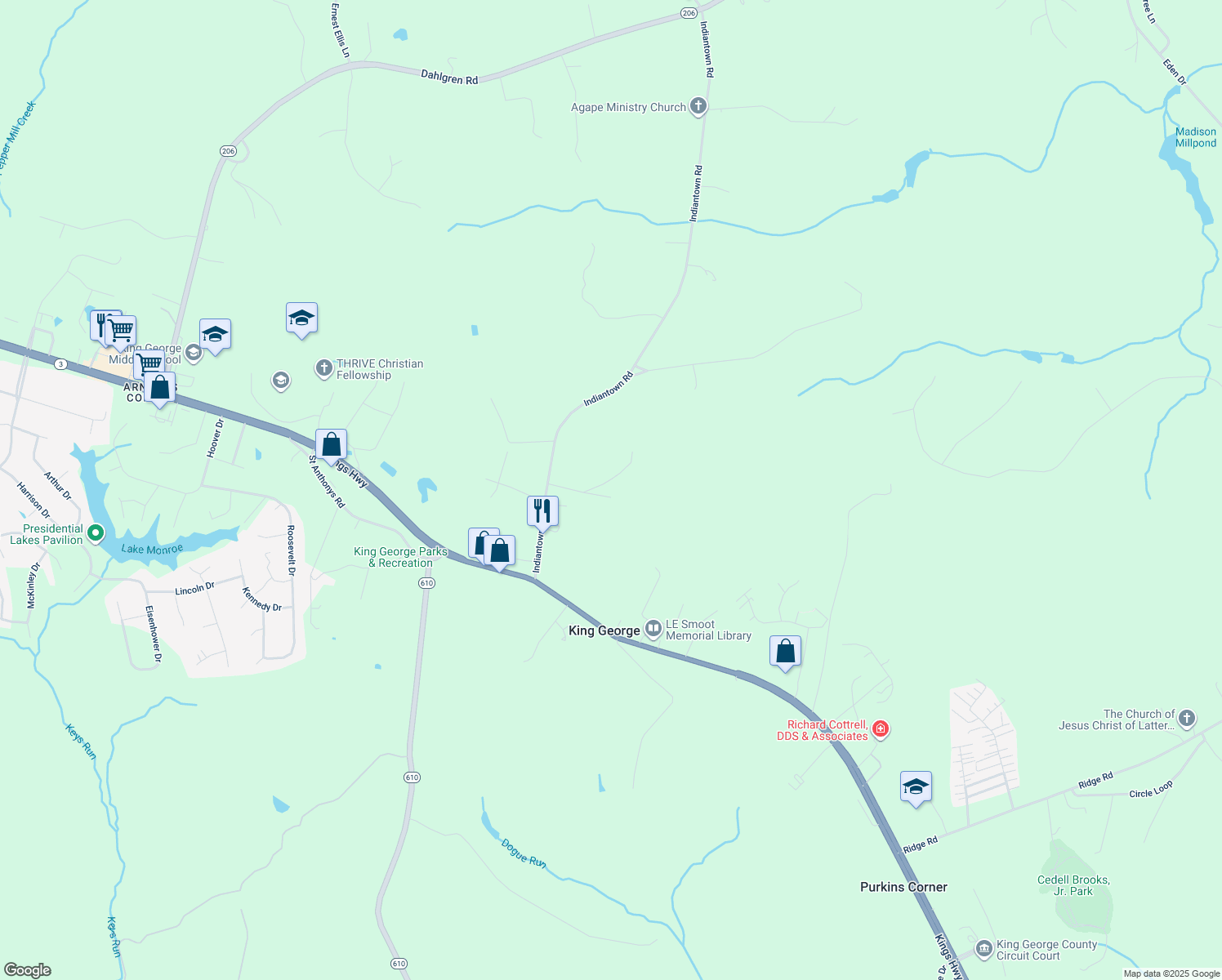 map of restaurants, bars, coffee shops, grocery stores, and more near 9357 Hickory Lane in King George