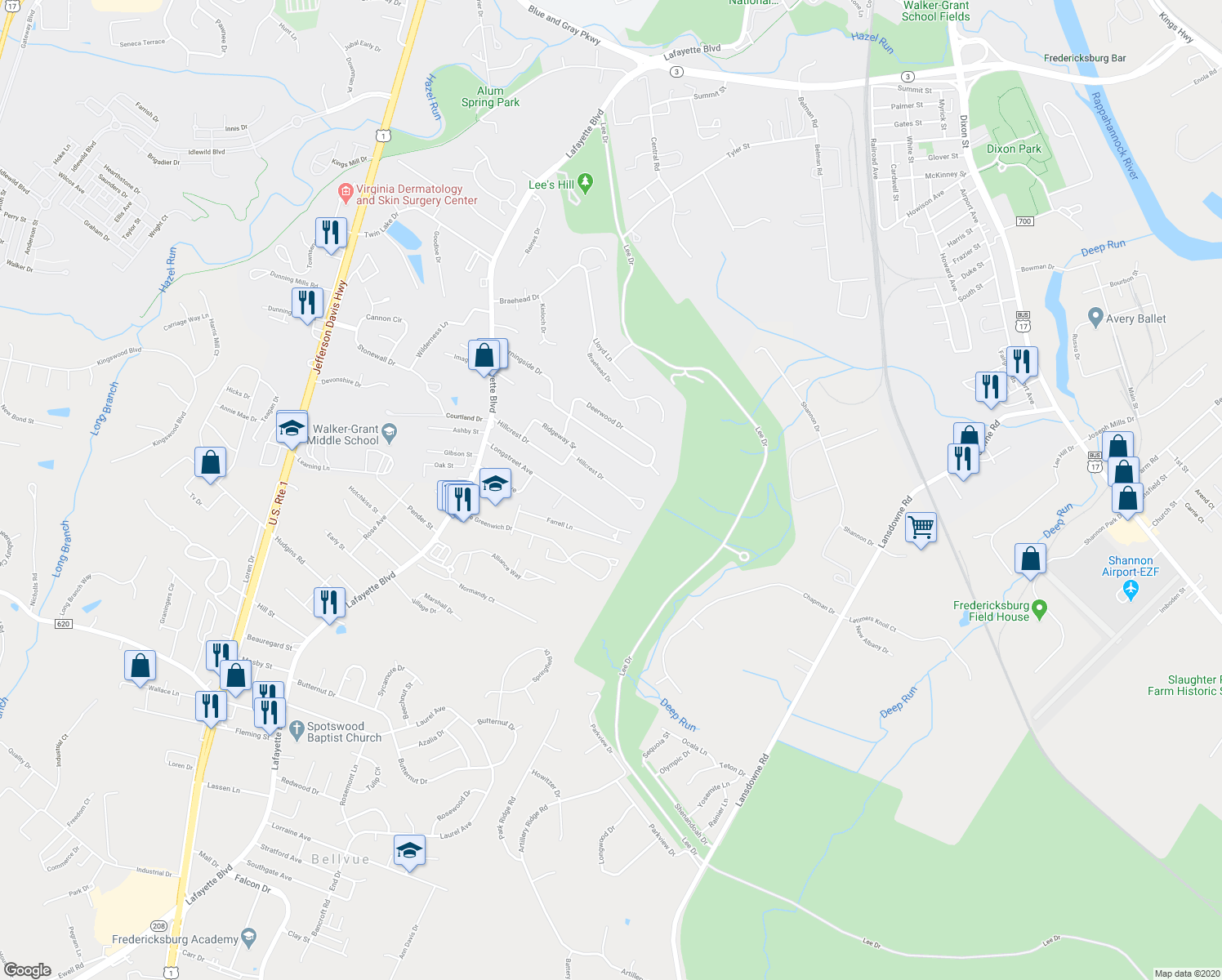 map of restaurants, bars, coffee shops, grocery stores, and more near 224 Hillcrest Drive in Fredericksburg