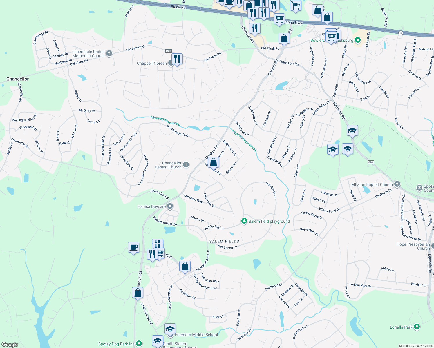 map of restaurants, bars, coffee shops, grocery stores, and more near 6808 Greenvale Rd in Fredericksburg