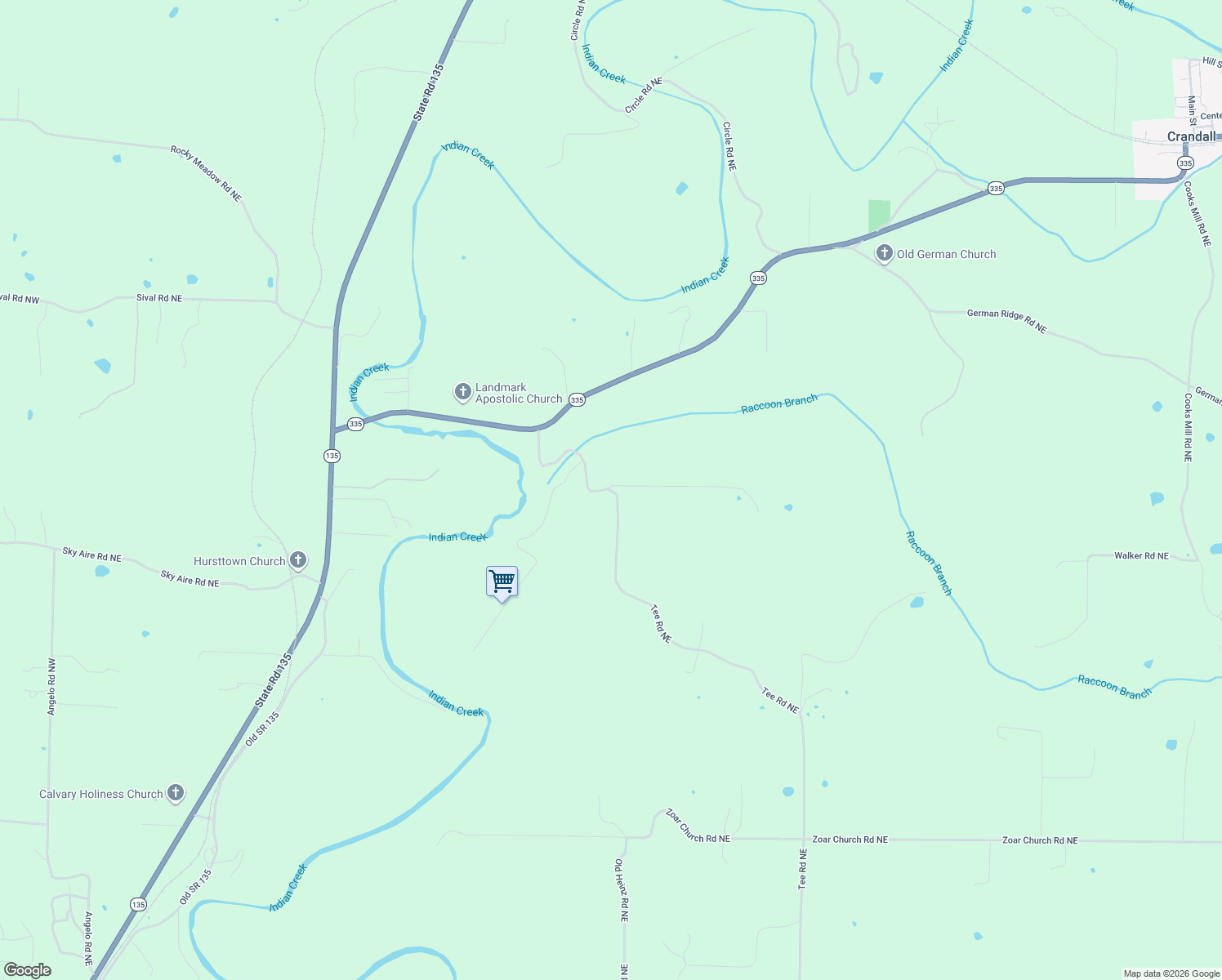 map of restaurants, bars, coffee shops, grocery stores, and more near 5123 Tee Rd NE in Corydon