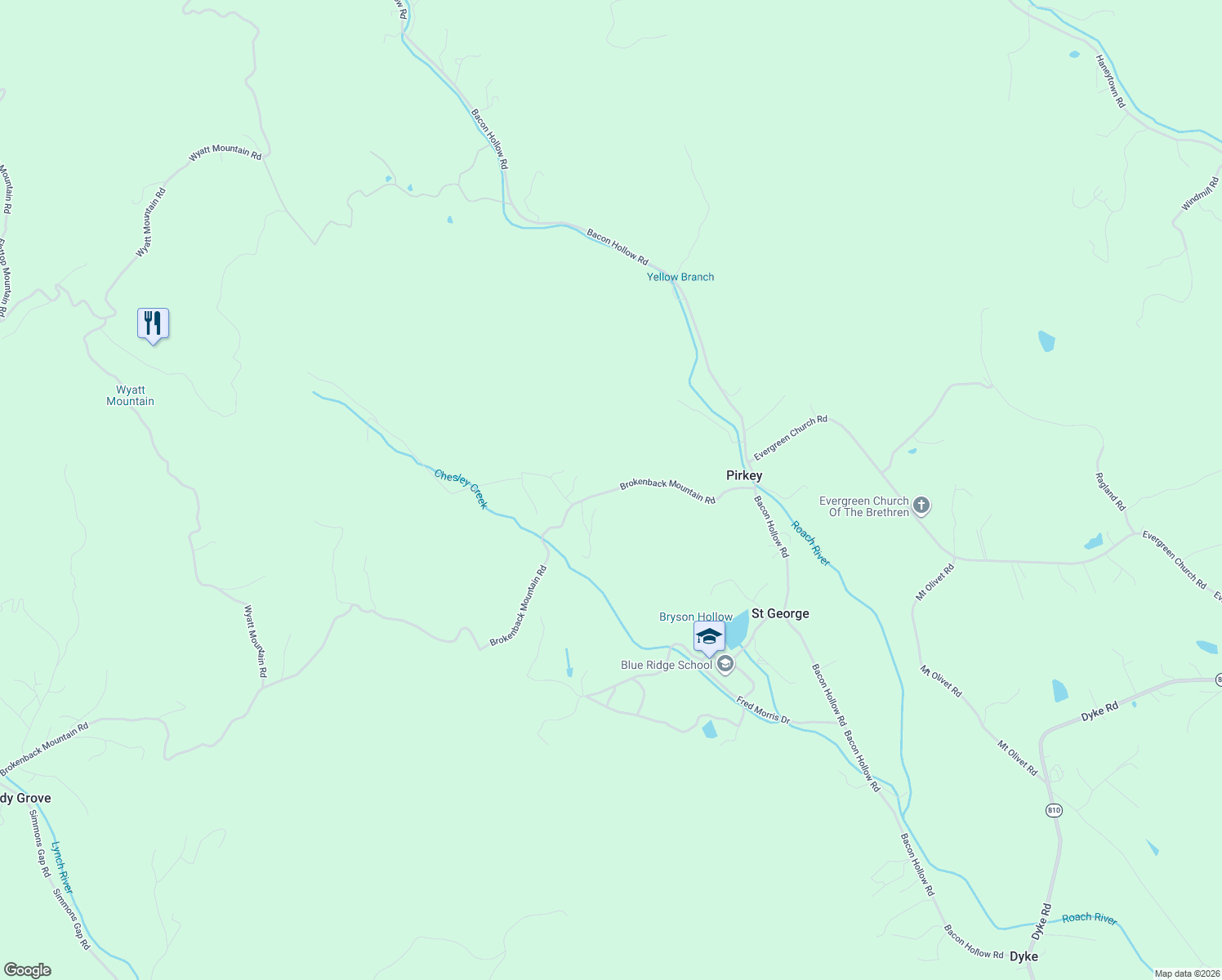 map of restaurants, bars, coffee shops, grocery stores, and more near 2561 Brokenback Mountain Road in Dyke