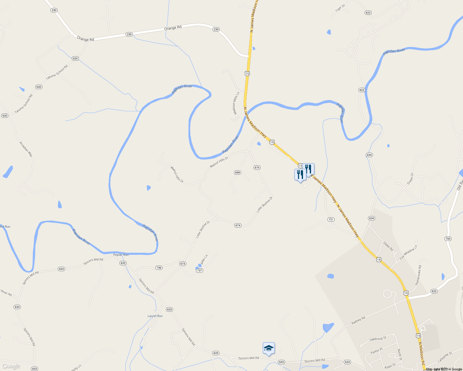 map of restaurants, bars, coffee shops, grocery stores, and more near 9430 Governor Kemper Road in Orange