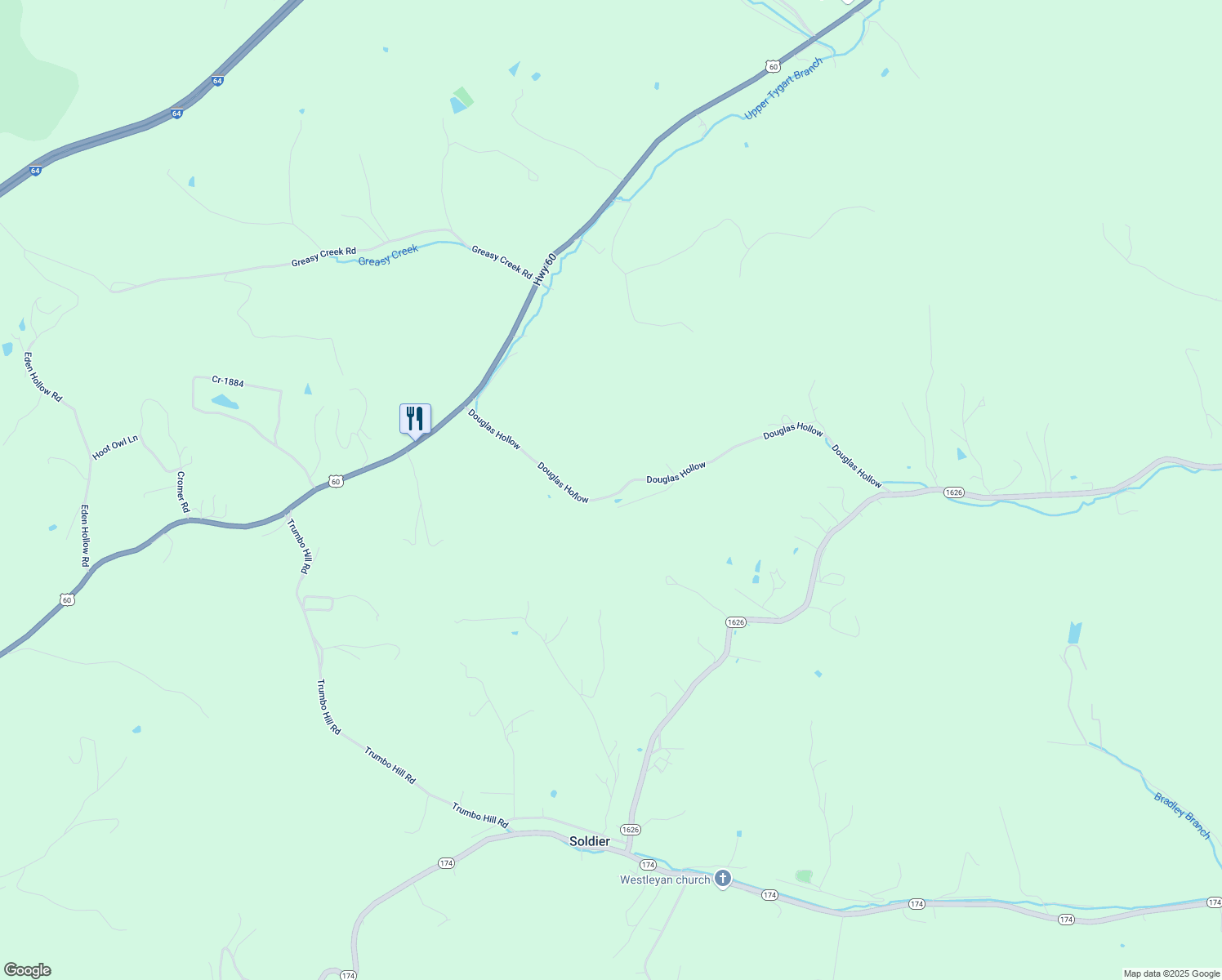 map of restaurants, bars, coffee shops, grocery stores, and more near Douglas Hollow Road in Olive Hill