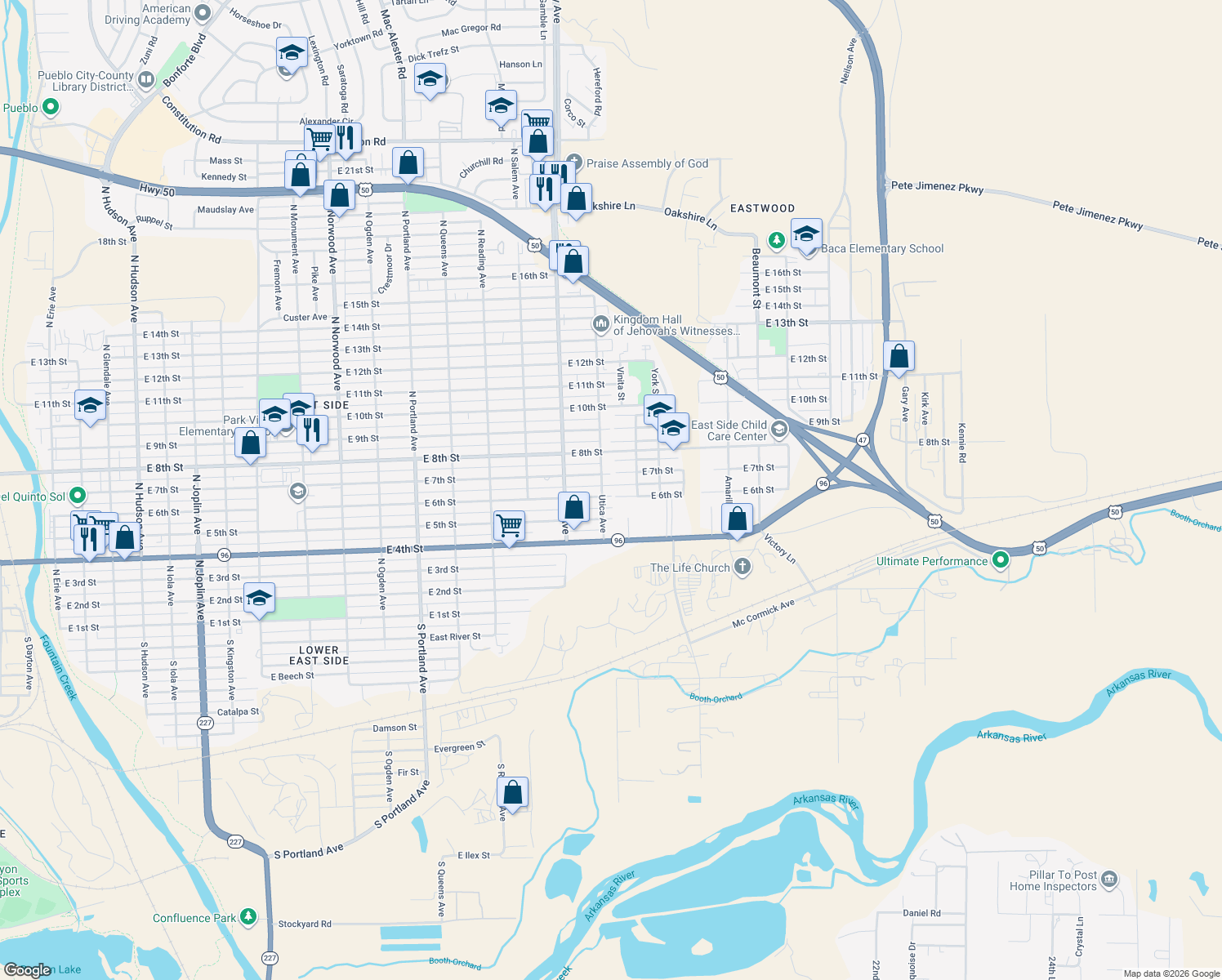 map of restaurants, bars, coffee shops, grocery stores, and more near 2203 East 6th Street in Pueblo