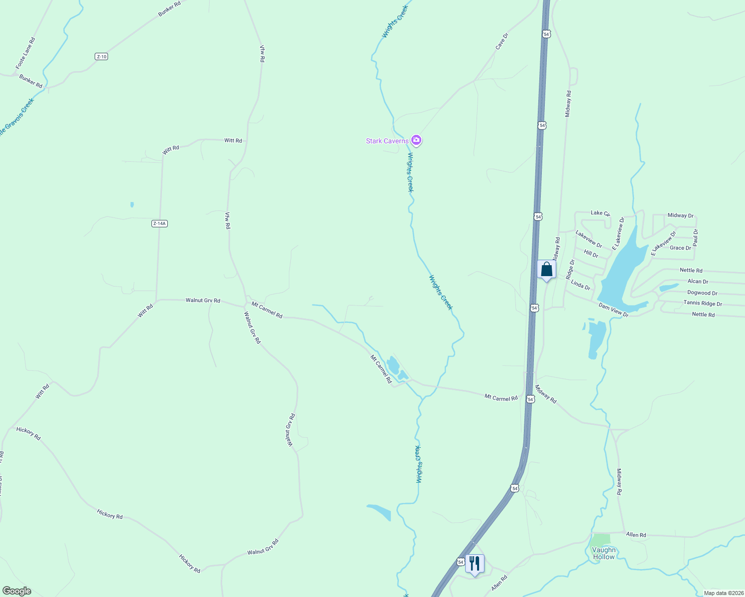 map of restaurants, bars, coffee shops, grocery stores, and more near 72-100 Mount Carmel Road in Eldon