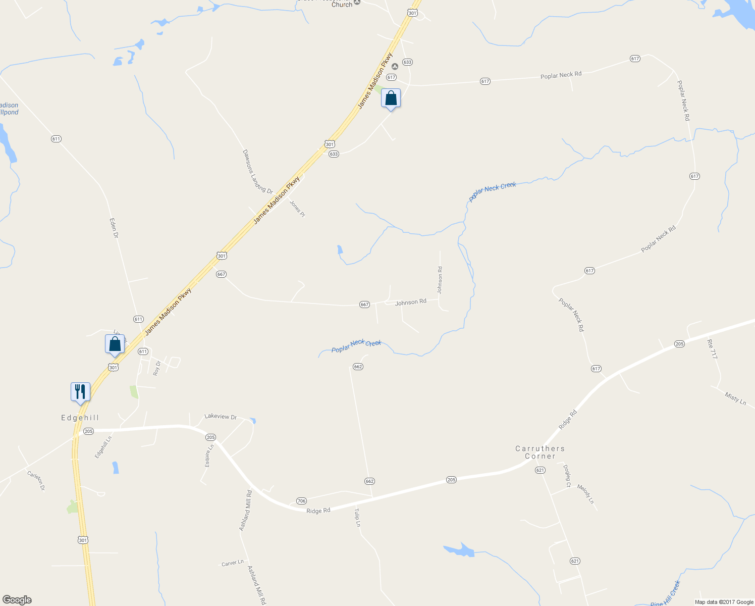 map of restaurants, bars, coffee shops, grocery stores, and more near 13127 State Road in King George