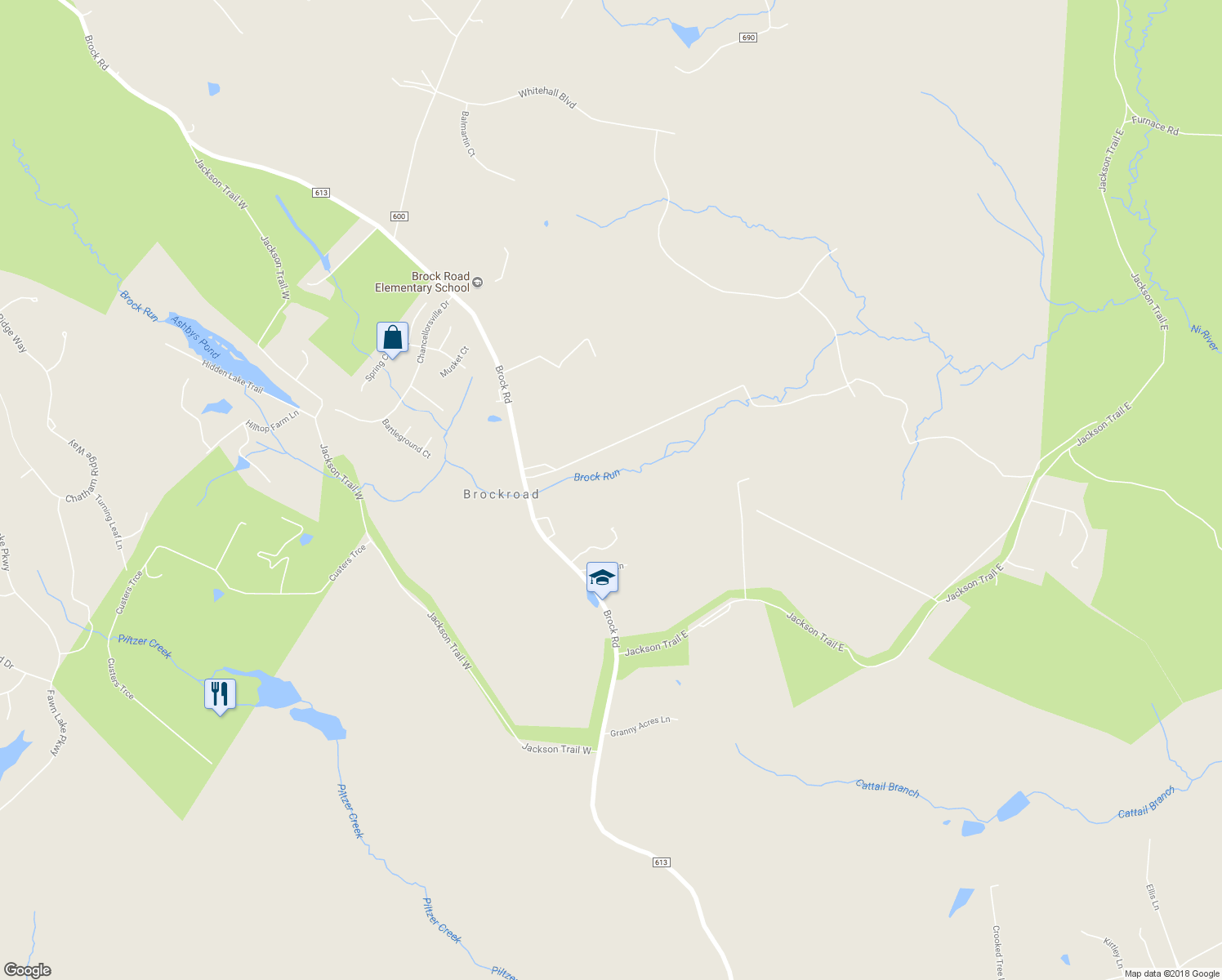 map of restaurants, bars, coffee shops, grocery stores, and more near 10103 Brock Road in Spotsylvania Courthouse