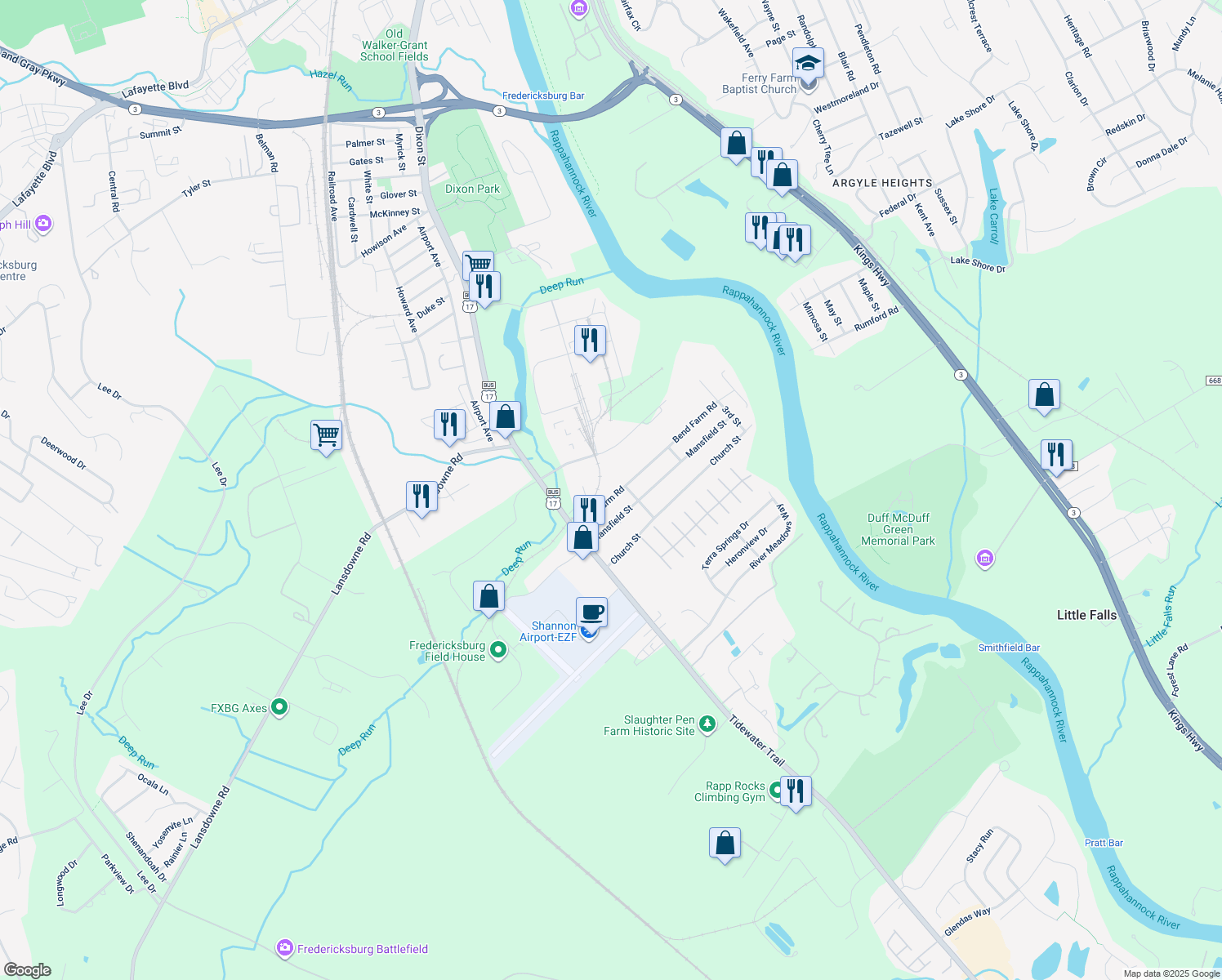 map of restaurants, bars, coffee shops, grocery stores, and more near 140 Bend Farm Road in Fredericksburg