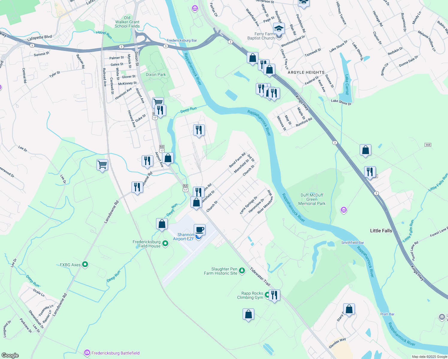 map of restaurants, bars, coffee shops, grocery stores, and more near 172 Mansfield Street in Fredericksburg