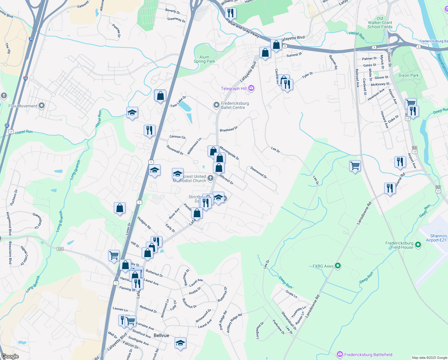 map of restaurants, bars, coffee shops, grocery stores, and more near 106 Hillcrest Drive in Fredericksburg